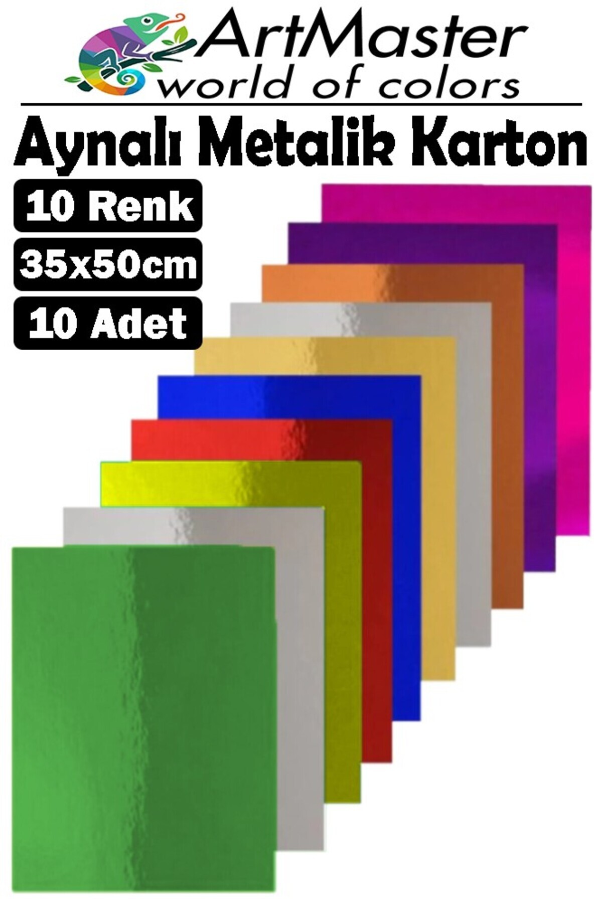Artmaster Aynalı Metalik Fon Kartonu 35x50 cm 10 Renk 1 Paket Dekoratif Pırıltılı Folyo Kağıt Okul Sınıf Renkl
