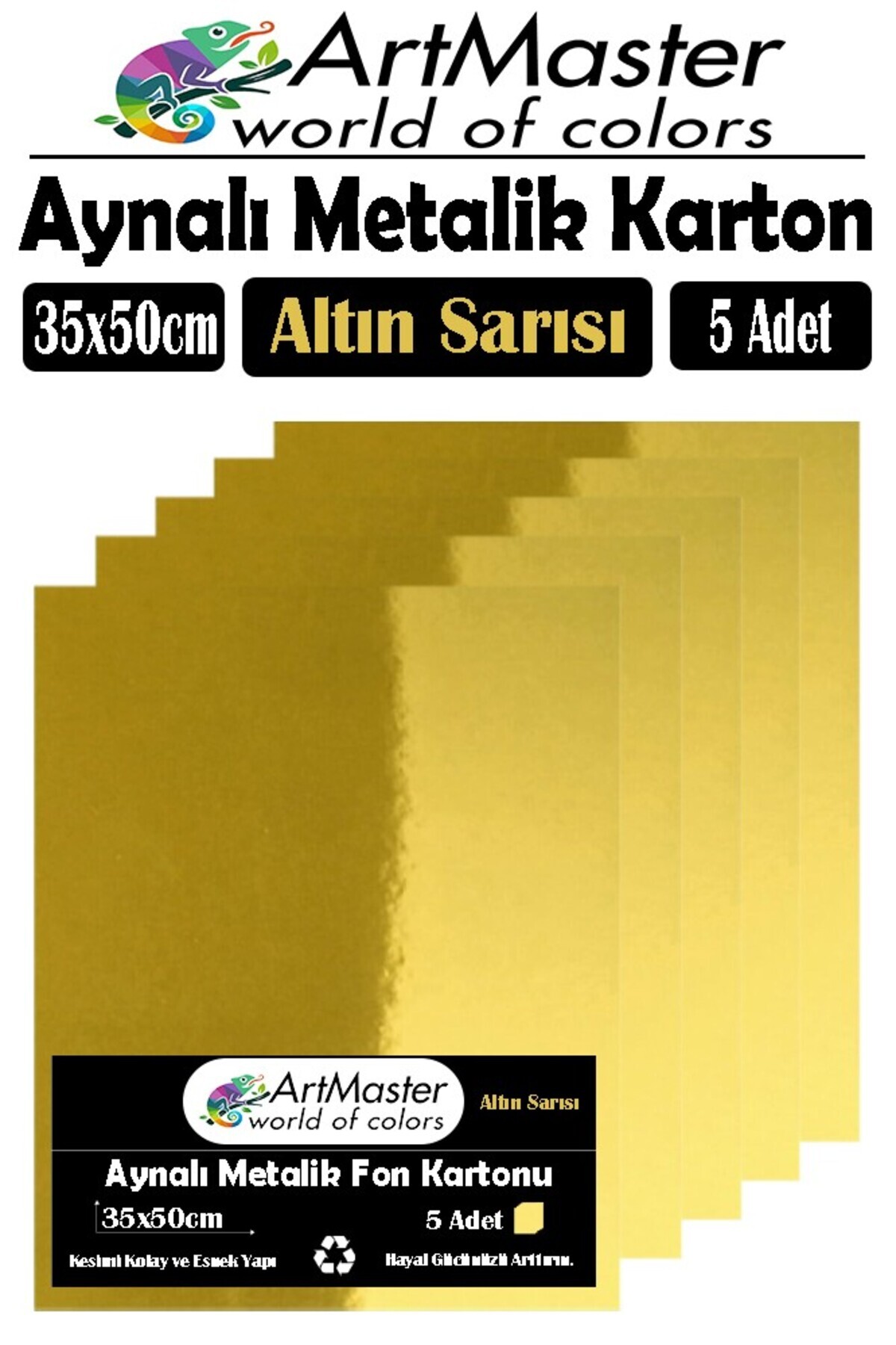 Artmaster Altın Sarı Renkli 35x50 Metalik Aynalı Fon Kartonu 5 Adet 1 Paket Metalik Aynalı Fon Karto