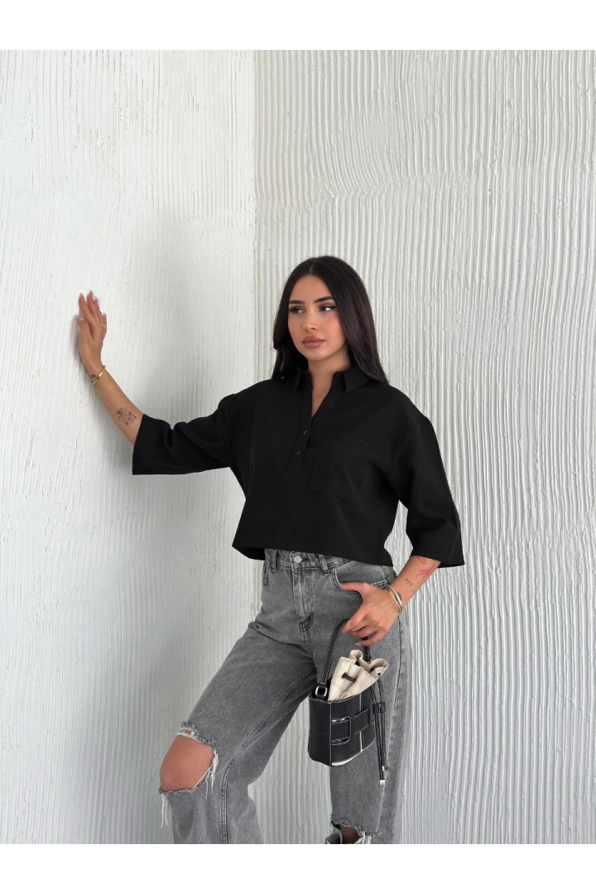 Kanonik Education Crop Yakalı Gömlek Üç Çeyrek Sleeve Kol - Siyah