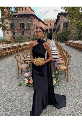 theanemos Sırt Dekolteli Şal Detaylı Saten Elbise - Siyah