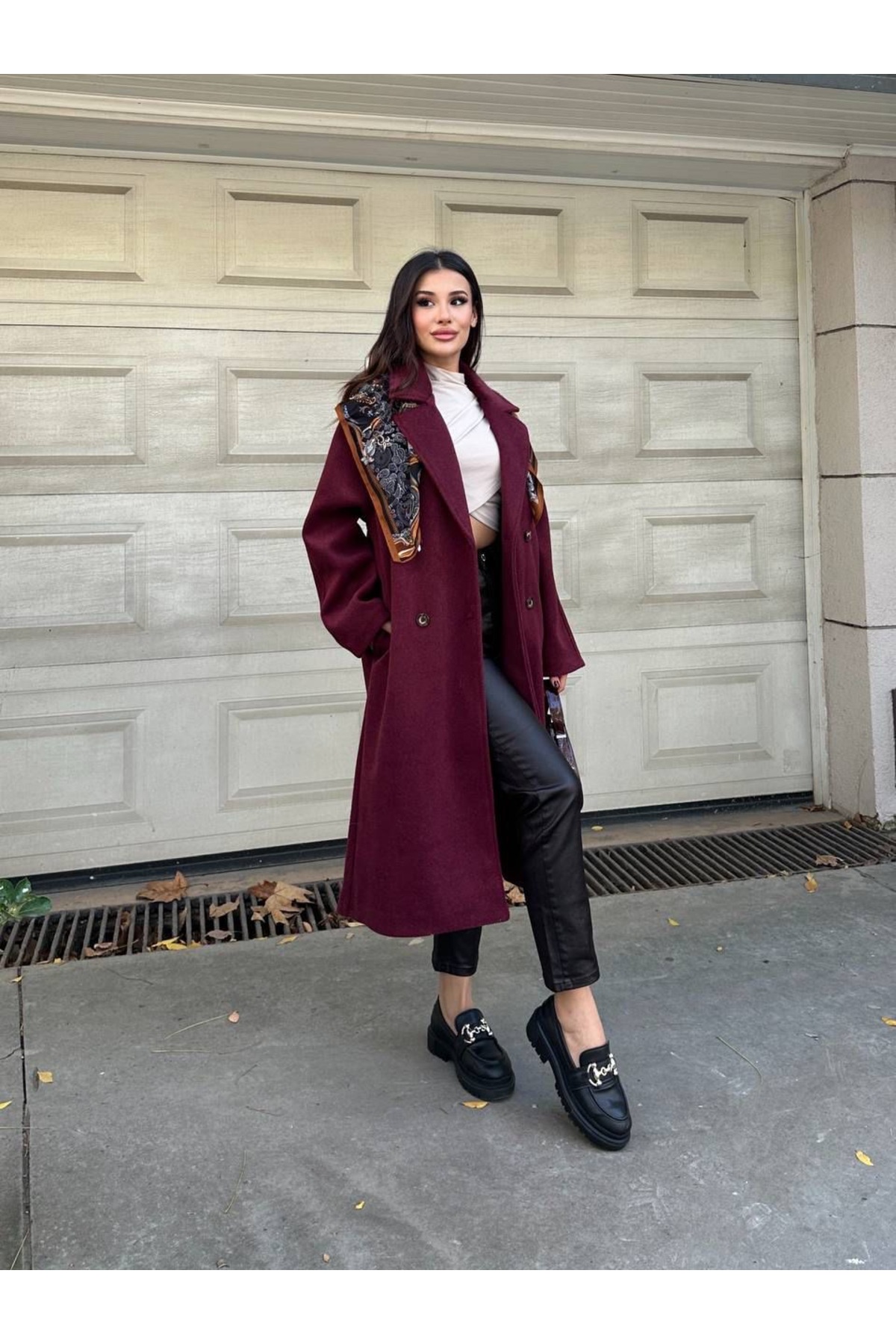 manana fashion  Oversize Kruvaze Kaşe Uzun Kaban - Görsel 3