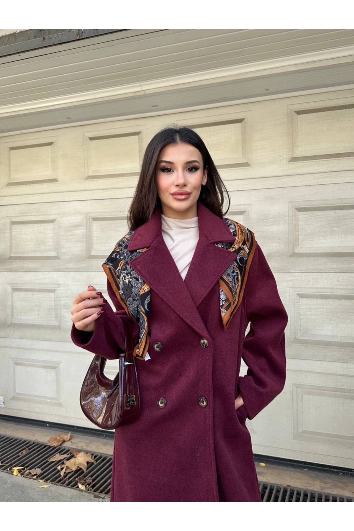 manana fashion  Oversize Kruvaze Kaşe Uzun Kaban - Görsel 4