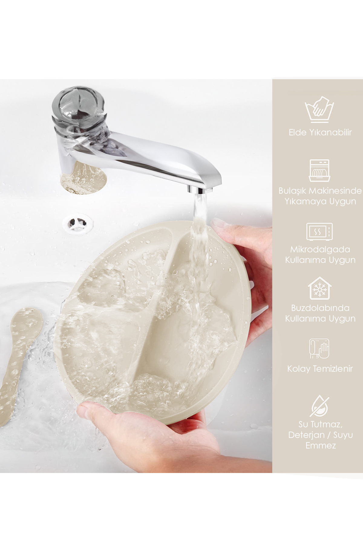 Meleni Baby 7'li Silikon Beslenme Seti- Mama Önlüğü Vakumlu Tabak Bardak Diş Kaşıyıcı Kaşık Atıştırma Kabı Bej fotoğrafı 3 (önizleme)