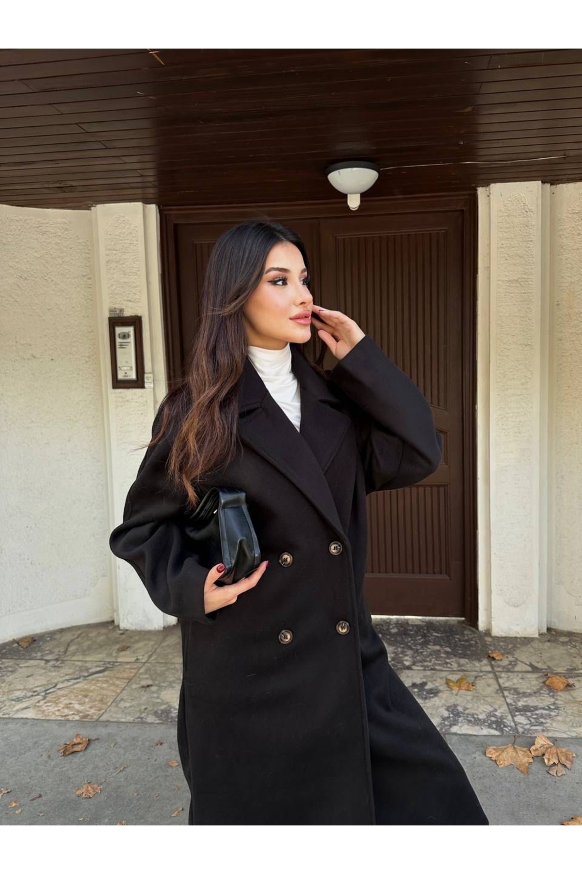 manana fashion Oversize Kruvaze Kaşe Uzun Kaban