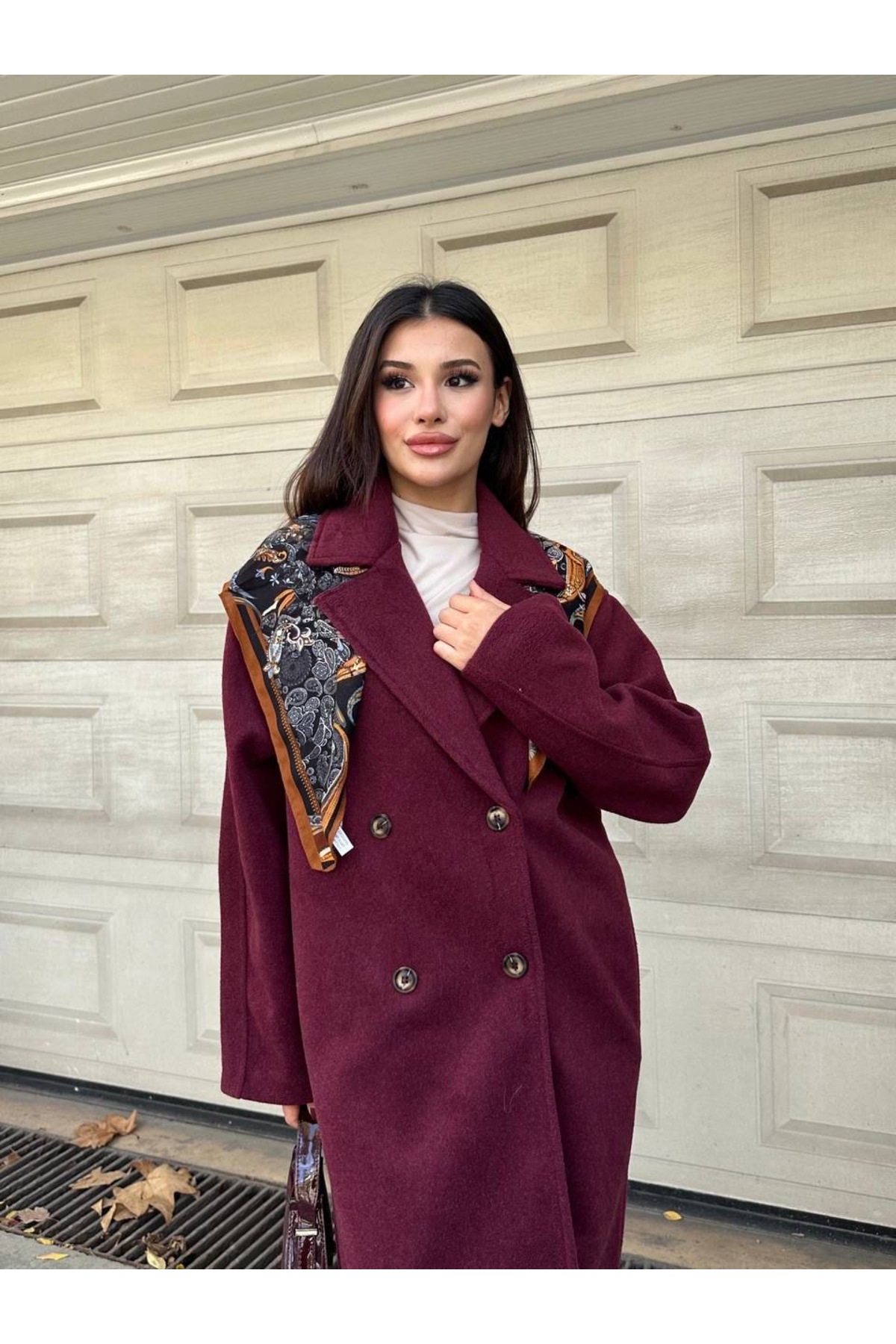 manana fashion  Oversize Kruvaze Kaşe Uzun Kaban - Görsel 5