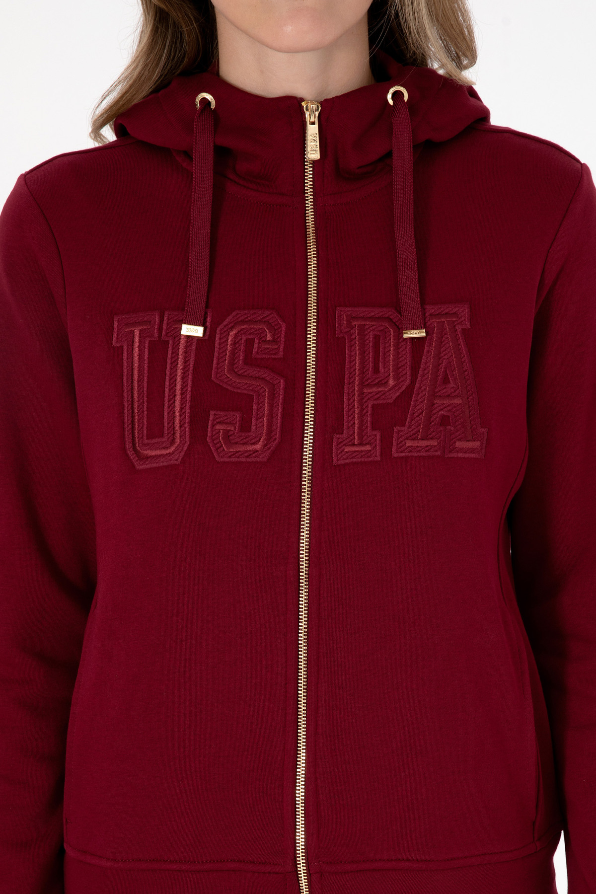 U.S. Polo Assn.  Kadın Bordo Fermuarlı Kapüşonlu Basic Sweatshirt 50307769-VR014 - Görsel 6