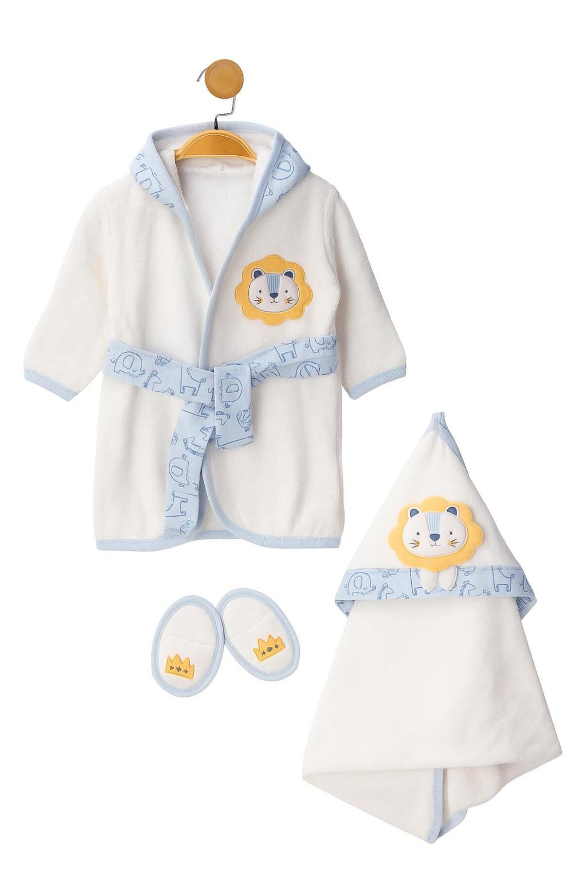 BYS BABY FASHION %100 Pamuklu Erkek Bebek Bornoz Seti 0-2 yaş İçin Uygundur / Yenidoğan Hediyesi
