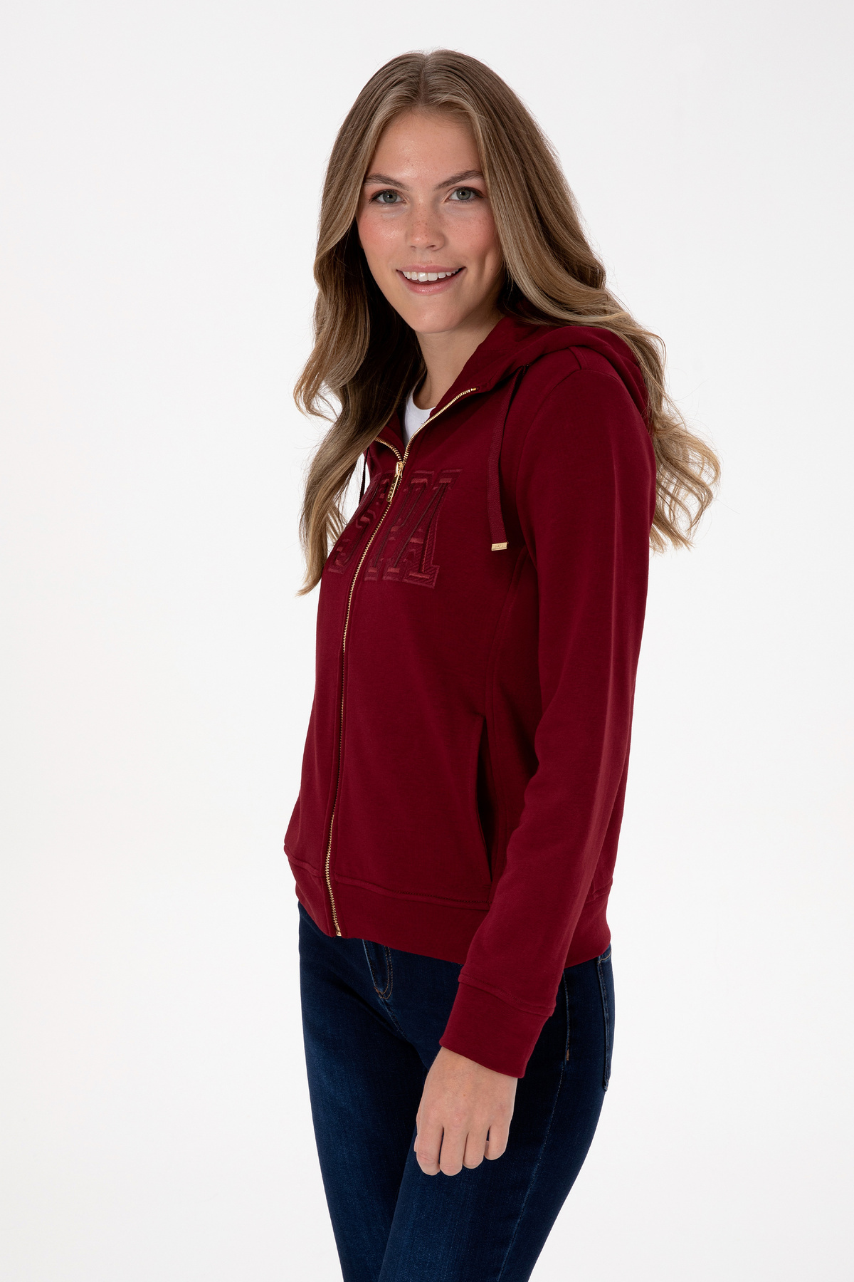 U.S. Polo Assn.  Kadın Bordo Fermuarlı Kapüşonlu Basic Sweatshirt 50307769-VR014 - Görsel 3