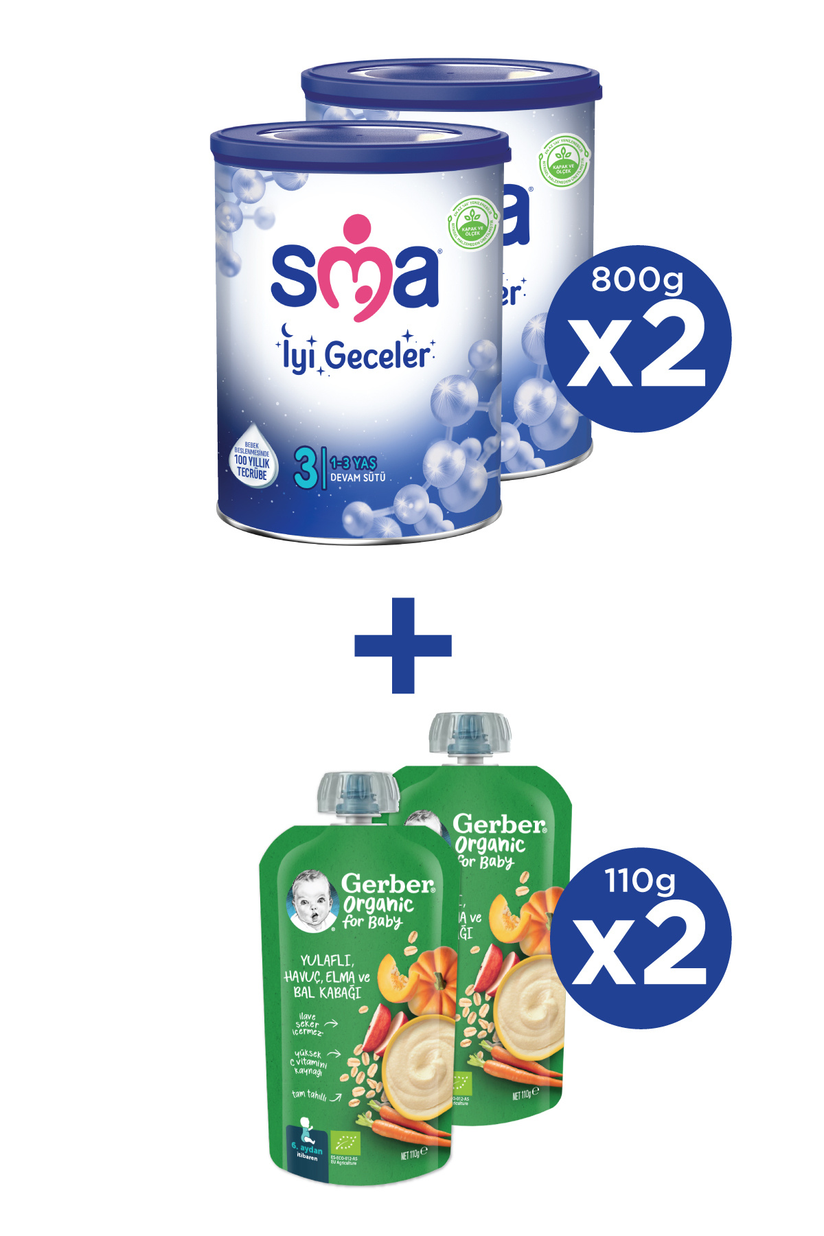 SMA İYİ GECELER 3 1-3 yaş Devam Sütü 2x800g + GERBER ORGANIC Yulaflı, Hav., Elm., Balkab. Püresi 2x1