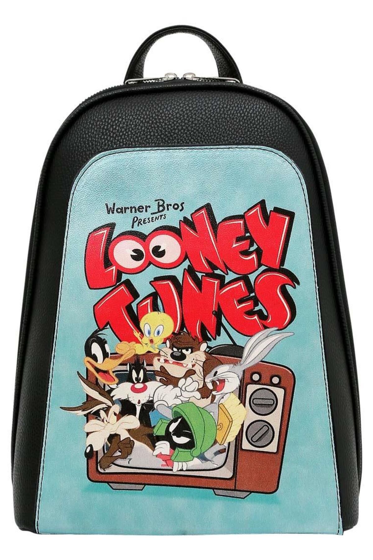 Kadın Vegan Deri Siyah Sırt Çantası - Warner Bros Looney Tunes The Toon Parade Tasarım