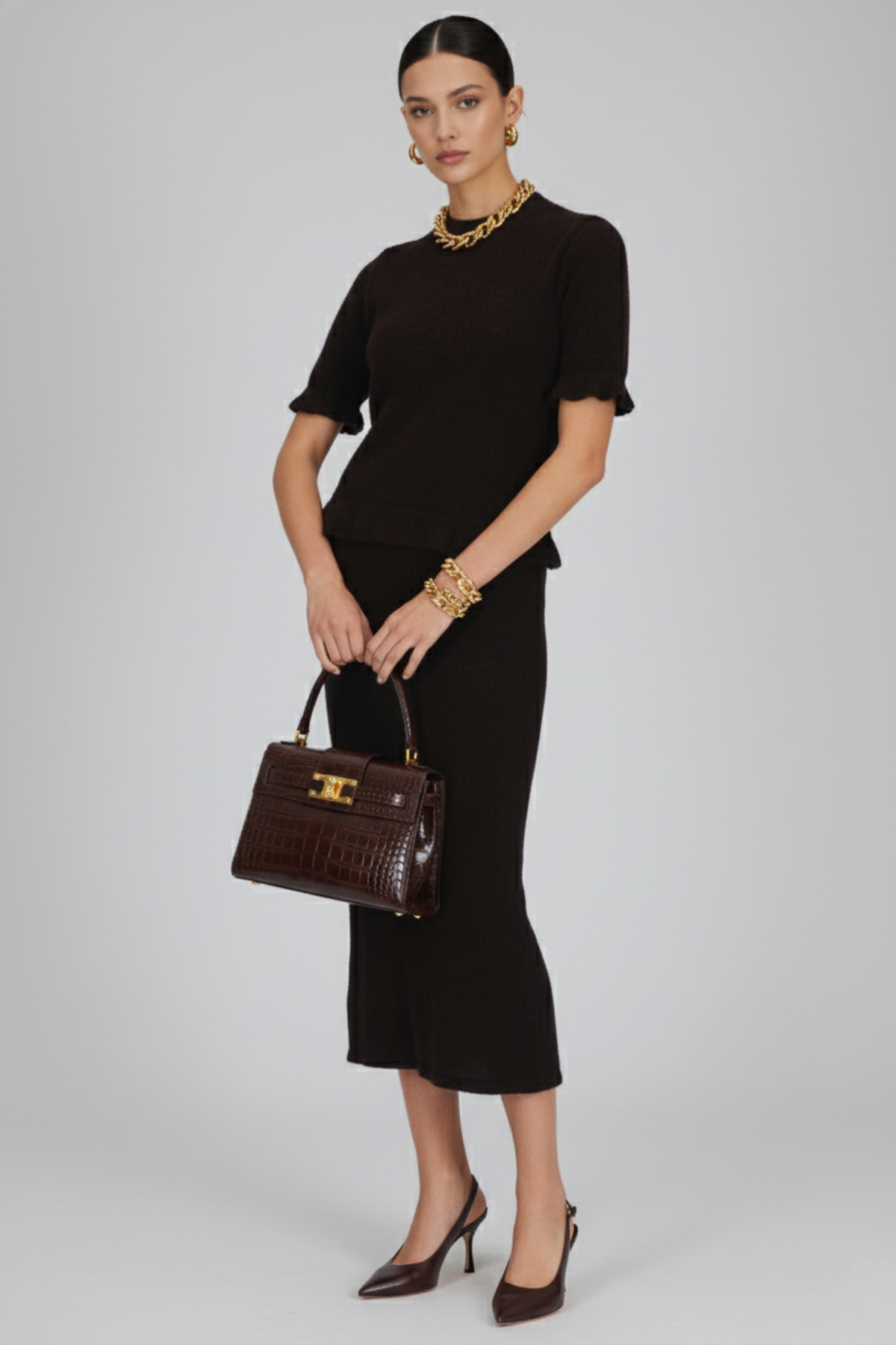Women's Woolen Brown Short Sleeve Knitwear Set with Flywheel Detail