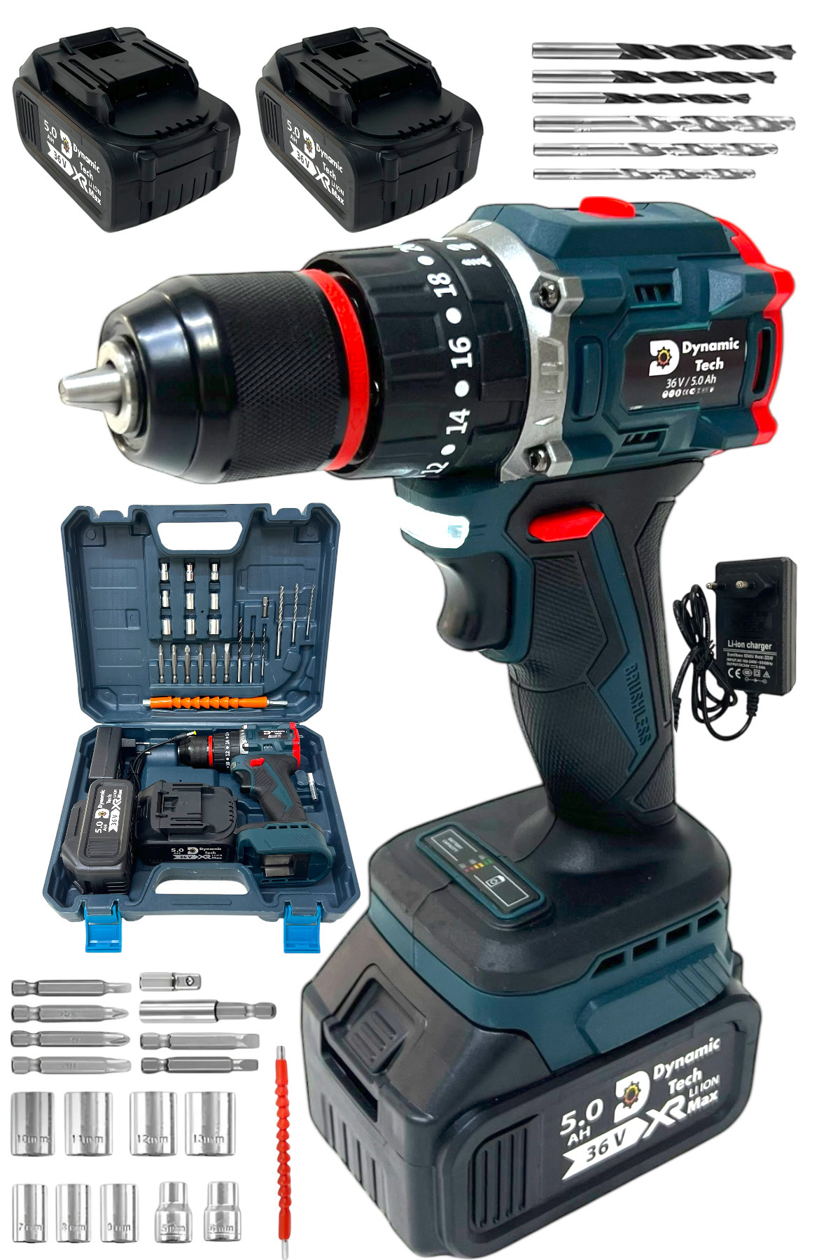 DynamicTech Profesyonel Kömürsüz Darbeli Şarjlı Matkap Lion Çelik Mandren Metal Şanzıman Çift Akülü Vidalama