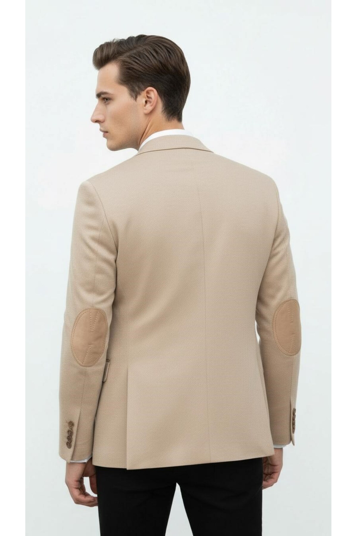 Plus Scorpion  Bej Erkek İtalyan Kesim Blazer Ceket – Kol Yamali, Slim Fit, Şık ve Modern Tasarım - Görsel 6