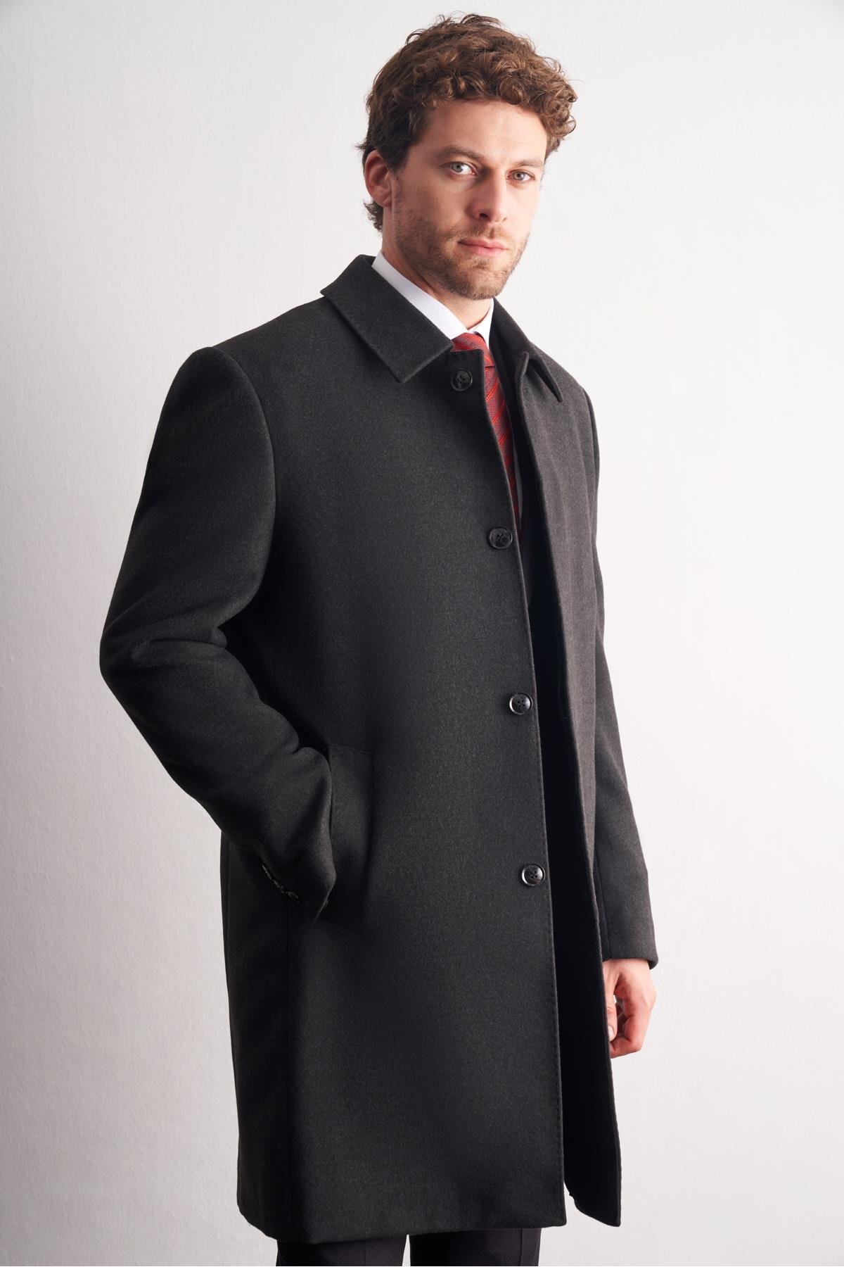 İmza  Koyu Antrasit Berberi Yaka Tam Astar Classic Comfort Fit Esnek Kaşe Palto 1005255152 - Görsel 4