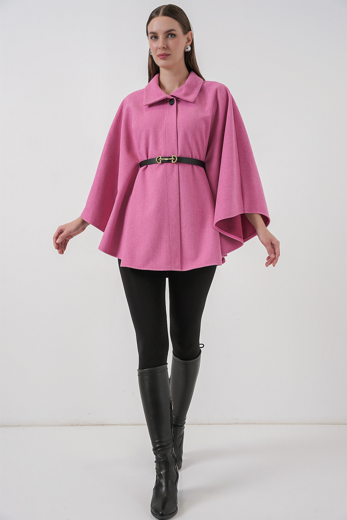 Bigdart Kadın Kemerli Kaşe Panço 9170 - Pembe görsel 2