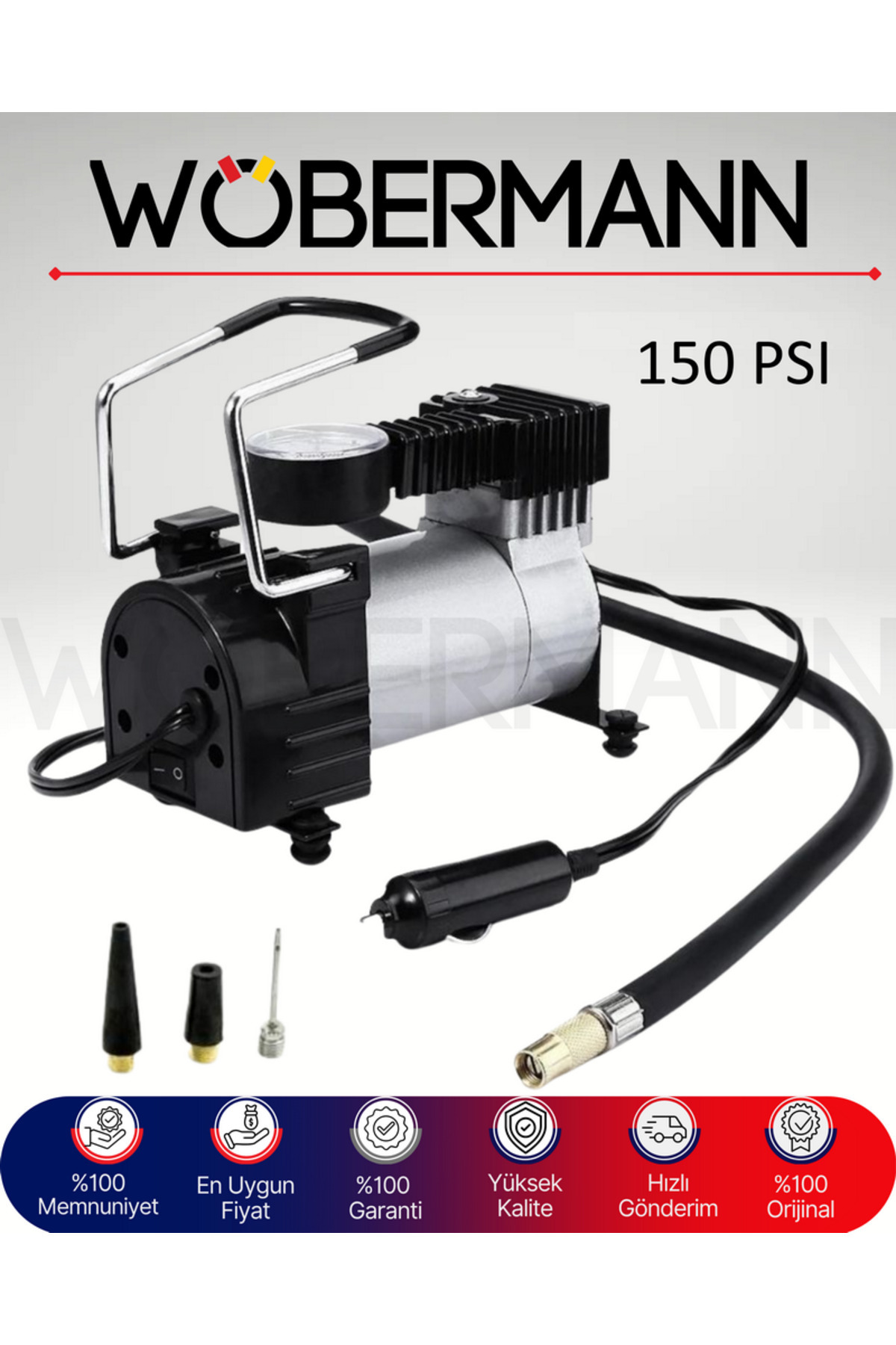 Wöbermann 150 PSI Metal Gövdeli Hava Kompresörü | Taşınabilir Oto Lastik Şişirme Pompası 12V Çakmak