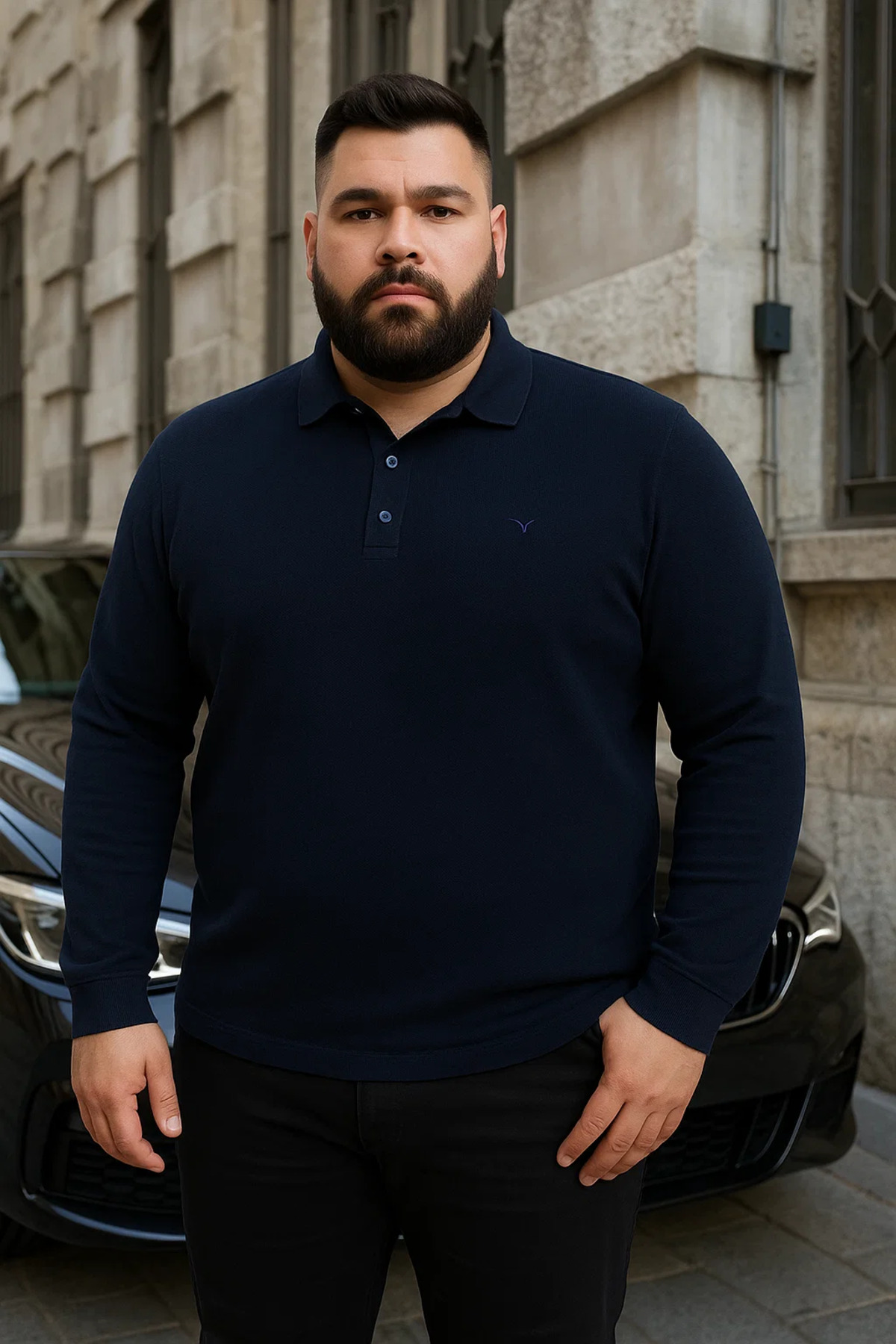 Maccali Erkek Büyük Beden Kışlık Bol Lacivert Polo Yaka Kazak