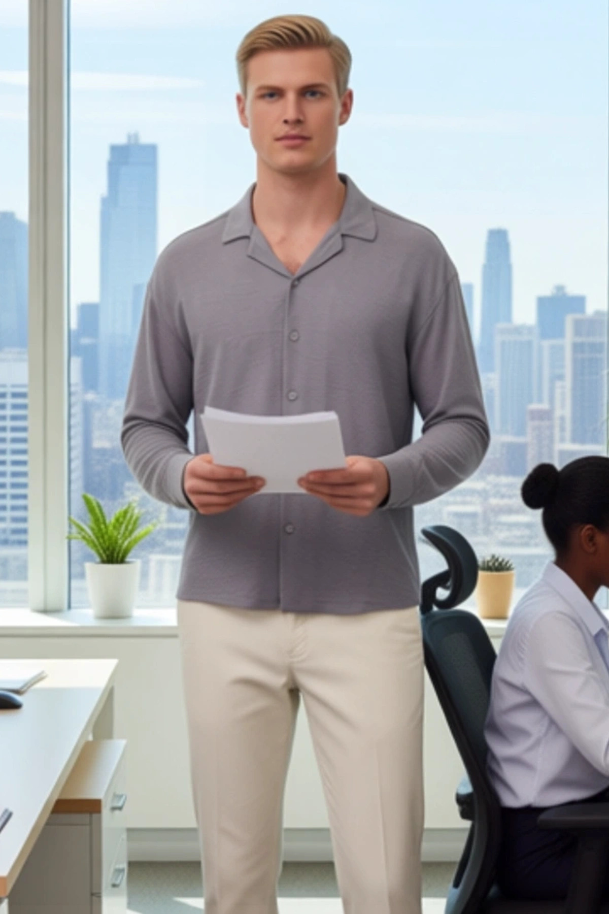 Erkek Oversize Fit Apaş Yaka Uzun Kollu Düz Desenli Dokuma Keten Görünümlü Gömlek Yaz Stili