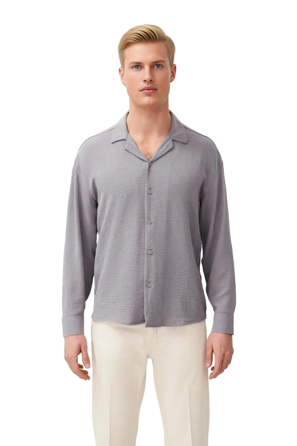 Erkek Oversize Fit Apaş Yaka Uzun Kollu Düz Desenli Dokuma Keten Görünümlü Gömlek Yaz Stili