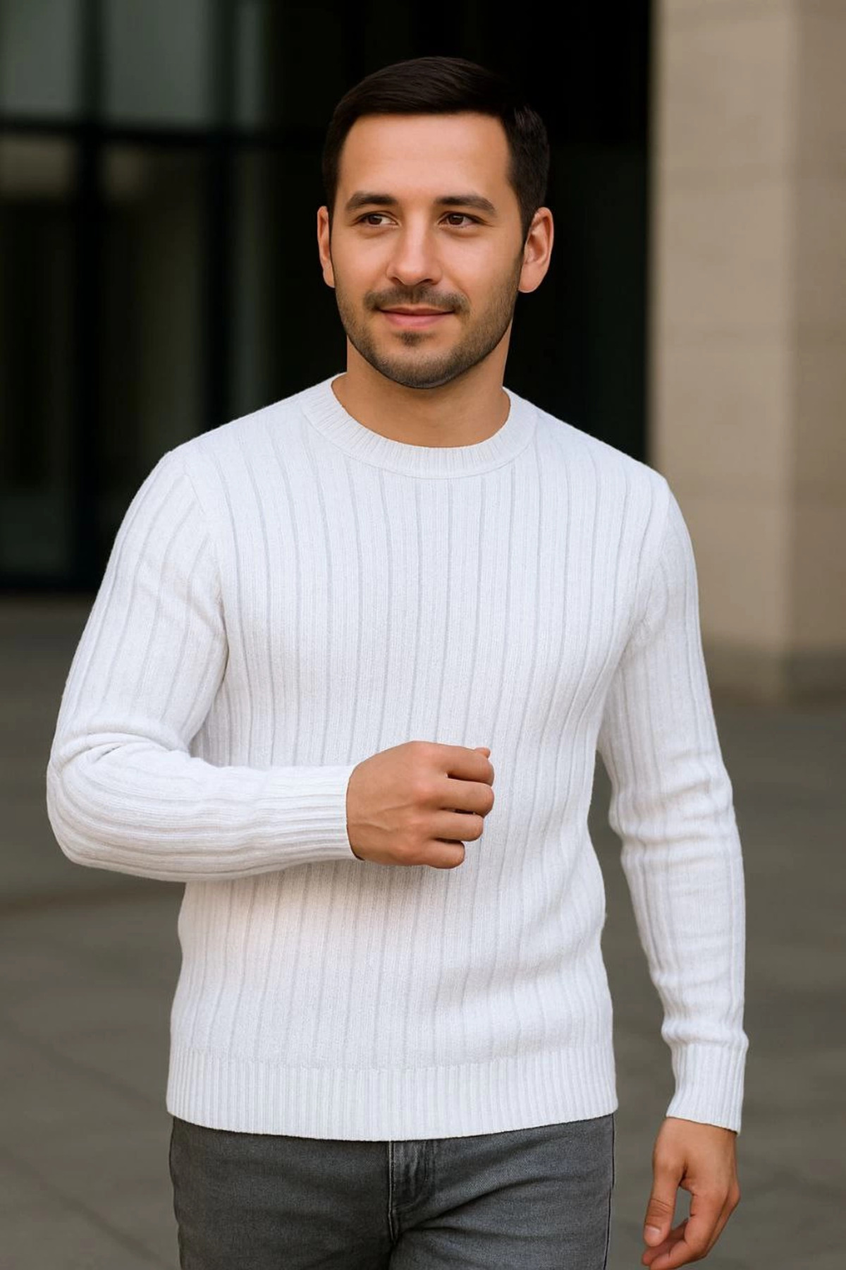 pilelistore Bisiklet Yuvarlak Yaka Triko Kazak Pamuklu Kalın Fitilli Dokuma, Regular Fit Uzun Kollu Kışlık Model fotoğrafı 2 (önizleme)