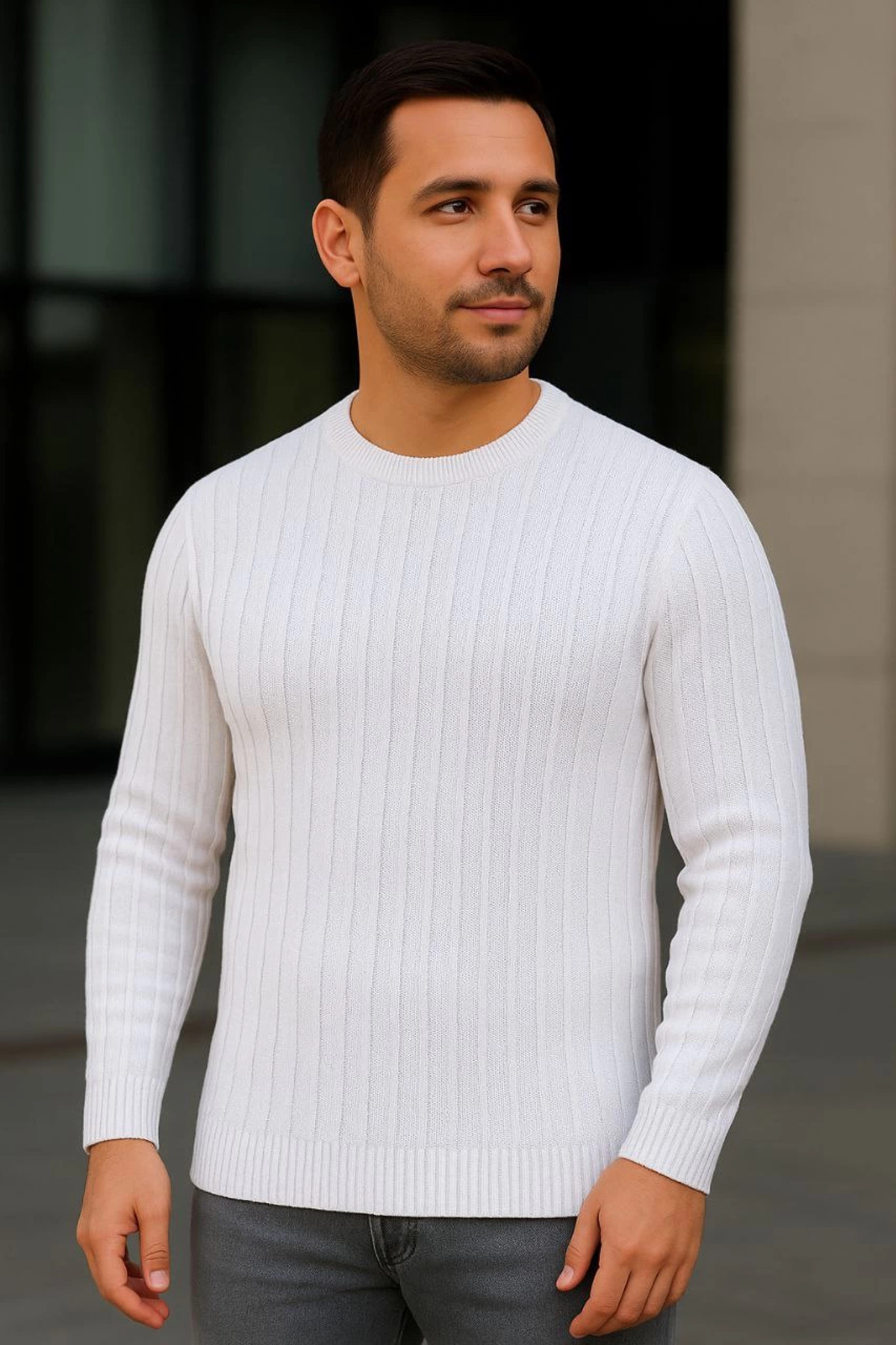 pilelistore Bisiklet Yuvarlak Yaka Triko Kazak Pamuklu Kalın Fitilli Dokuma, Regular Fit Uzun Kollu Kışlık Model fotoğrafı 4 (önizleme)