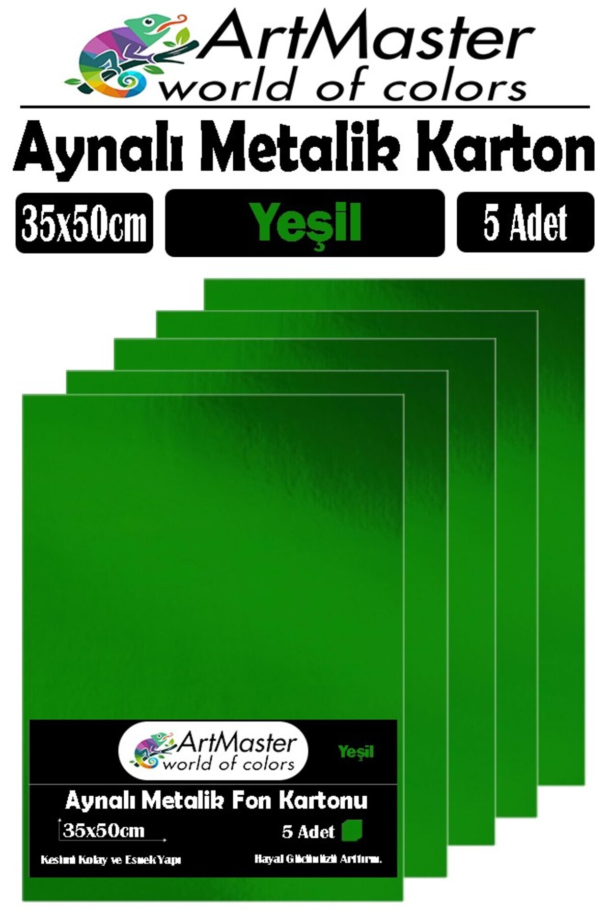 Artmaster Yeşil Renkli 35x50 Metalik Aynalı Fon Kartonu 5 Adet 1 Paket Metalik Aynalı Fon Kartonu