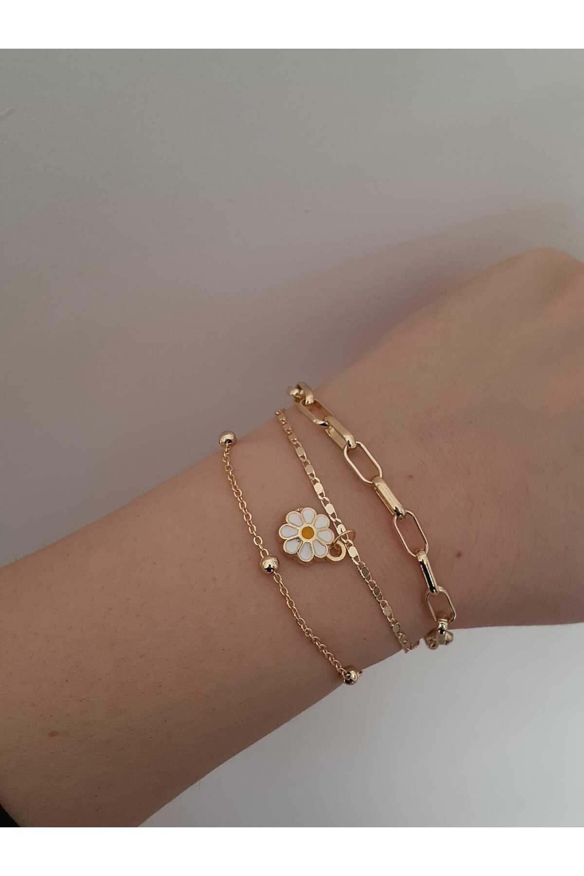 byliora 3lü Gold Papatyalı Bileklik Seti