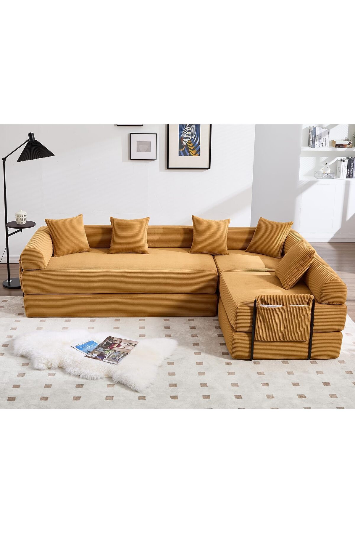 puffiber L Şeklinde Kanepe,Yan Cepli Katlanır Kanepe Yatak, Köşe Takımı 100x360 cm (Kırlentler Hediyedir)