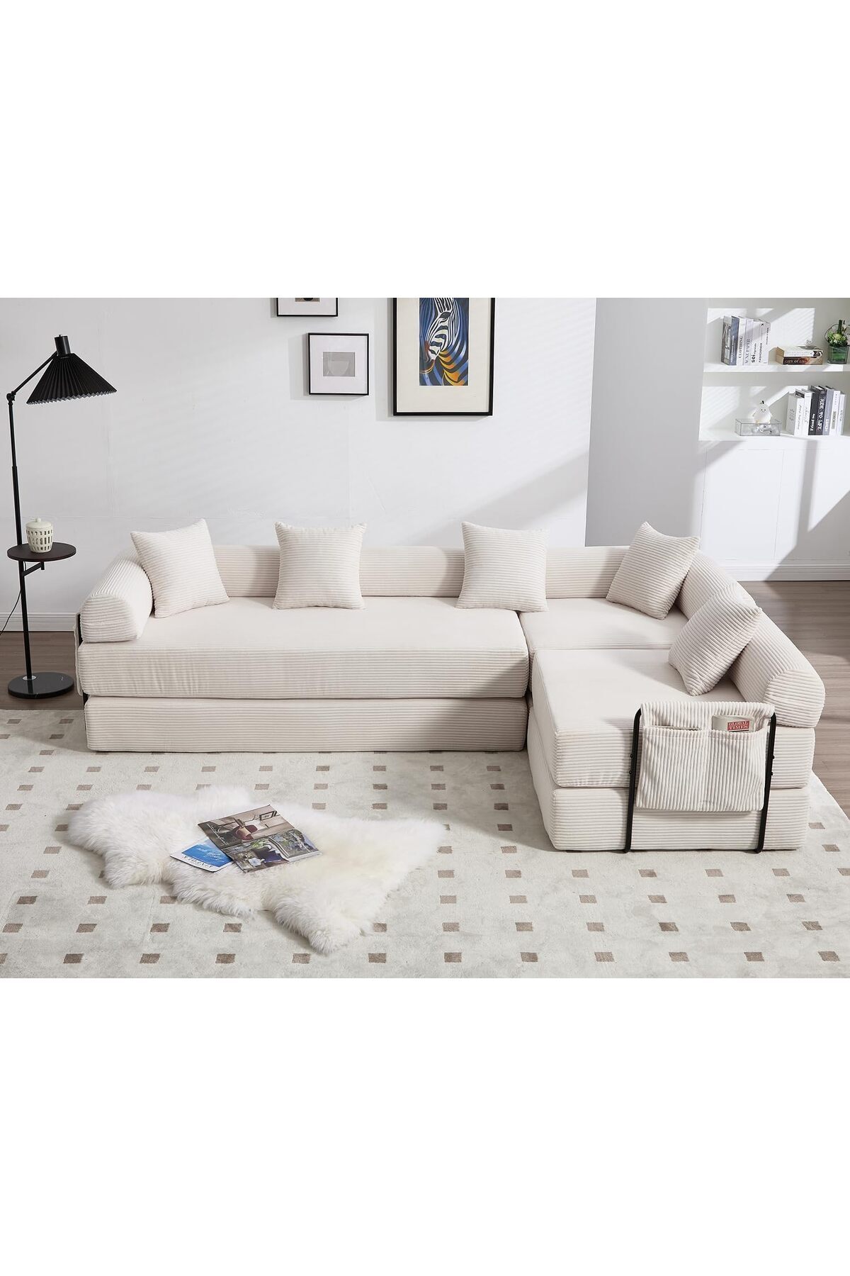 puffiber L Şeklinde Kanepe,Yan Cepli Katlanır Kanepe Yatak, Köşe Takımı 100x360 cm (Kırlentler Hediyedir)