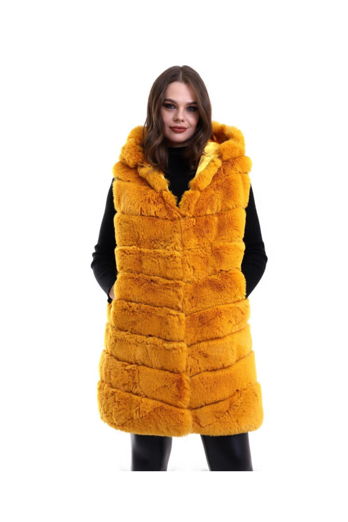 Kapşonlu Peluş Kürk Yelek Premium Kalite, Tam Astarlı, Uzun Model - Sarı