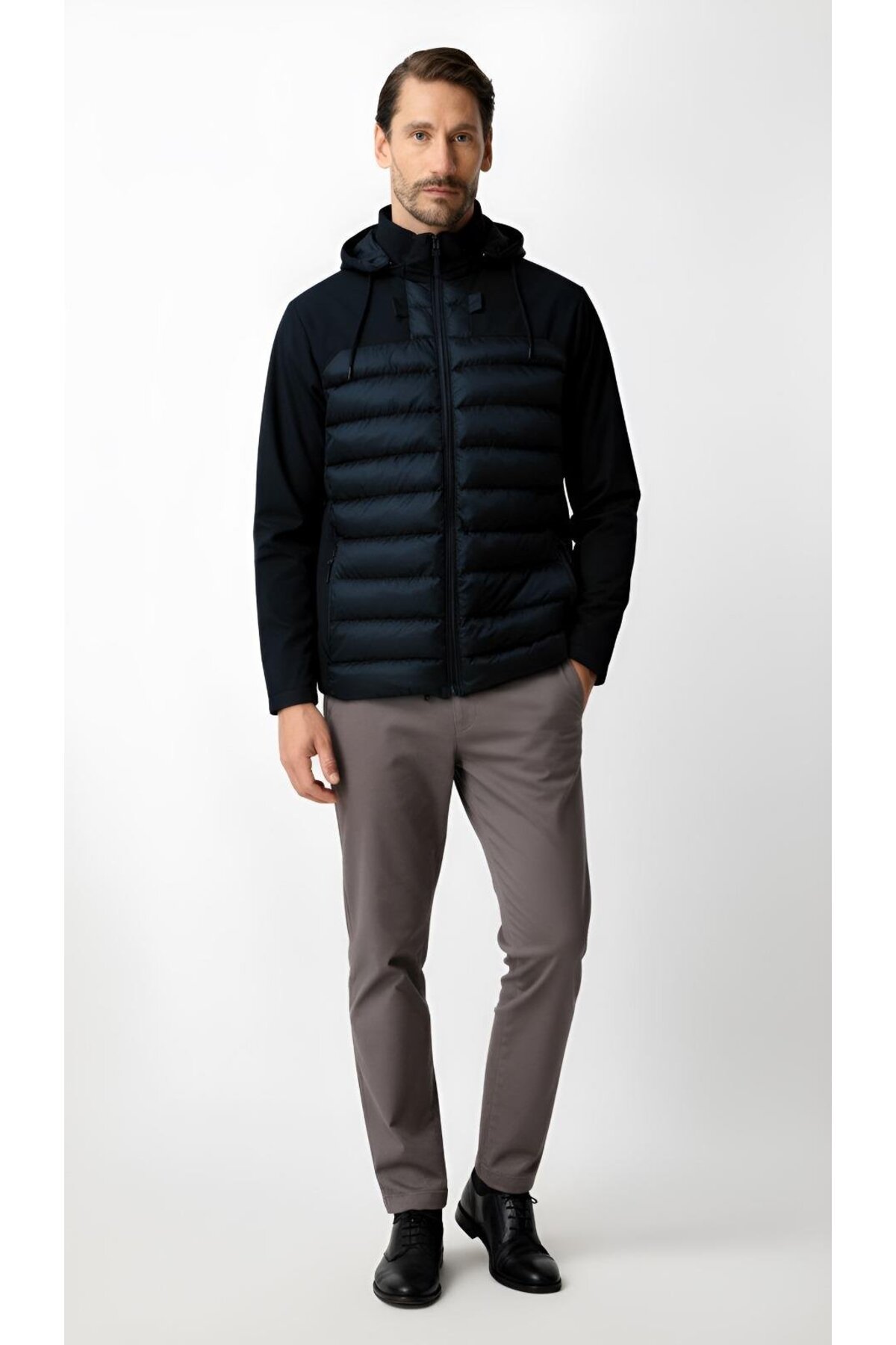 Lacivert Standart Fit Kapüşonlu Kapitone Gövdeli Fermuarlı Hibrit Erkek Mont — سرمه‌ای 2194100100STD