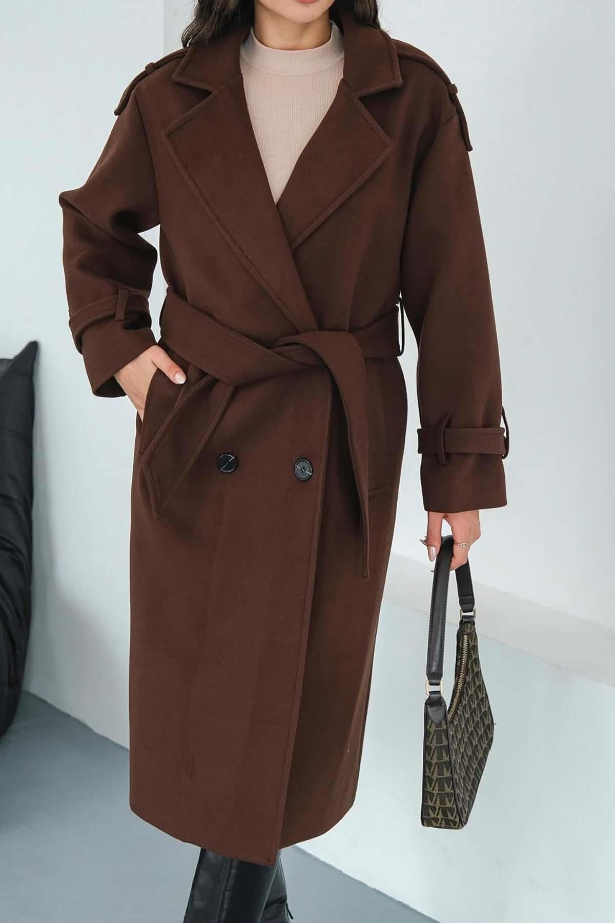 My Loore  Kadın Kahverengi Bağlama Detaylı Astarlı Kaşe Kaban - Görsel 3