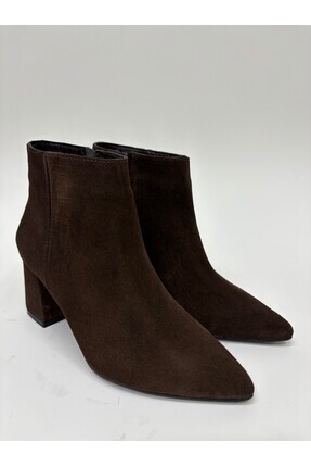 TİME Hakiki Deri Kadın Topuklu Kahve Süet Sivri Burun Bot