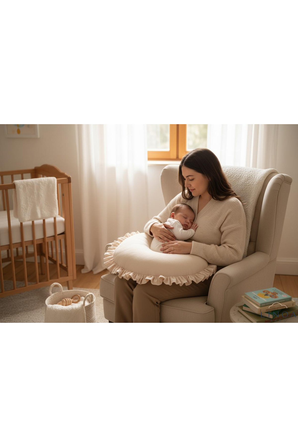 LinoaBaby Emzirme Yastığı Minderi - %100 Pamuk - Naturel Fırfırlı