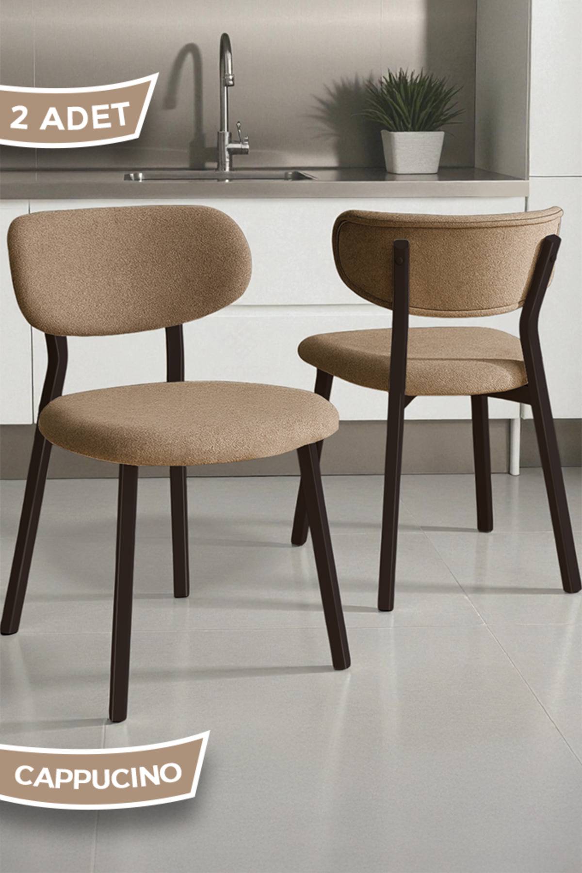 Canisa Toldy Serisi 2 Adet Cappucino Bukle Kumaş Mutfak Sandalyesi Kahverengi Metal Ayak