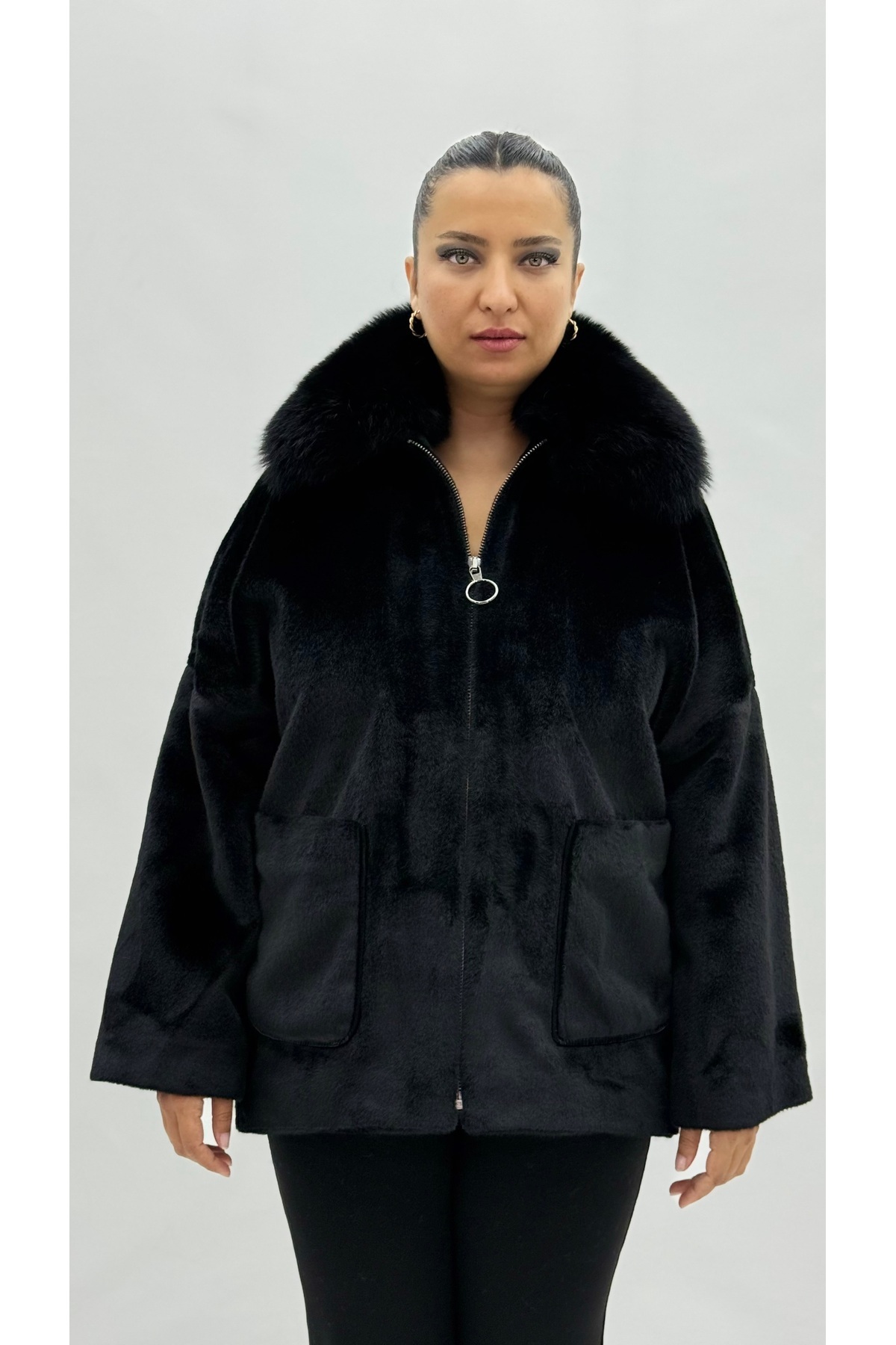 Darkmen Büyük Beden Cepli Fermuarlı Uzun Kol Oversize Kadın Kürk Mont