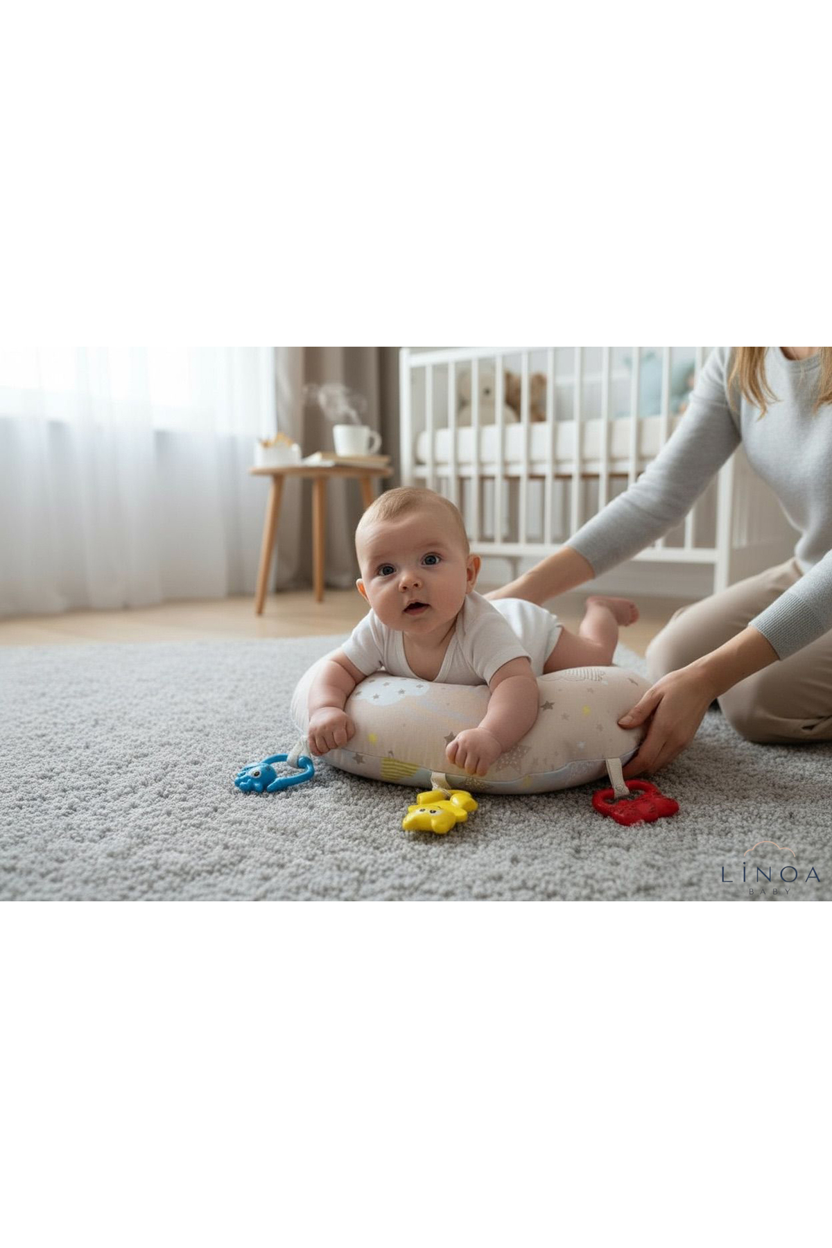 LinoaBaby Tummy Time Emzirme Yastığı Minderi + Oyuncak Hediyeli fotoğrafı 3 (önizleme)