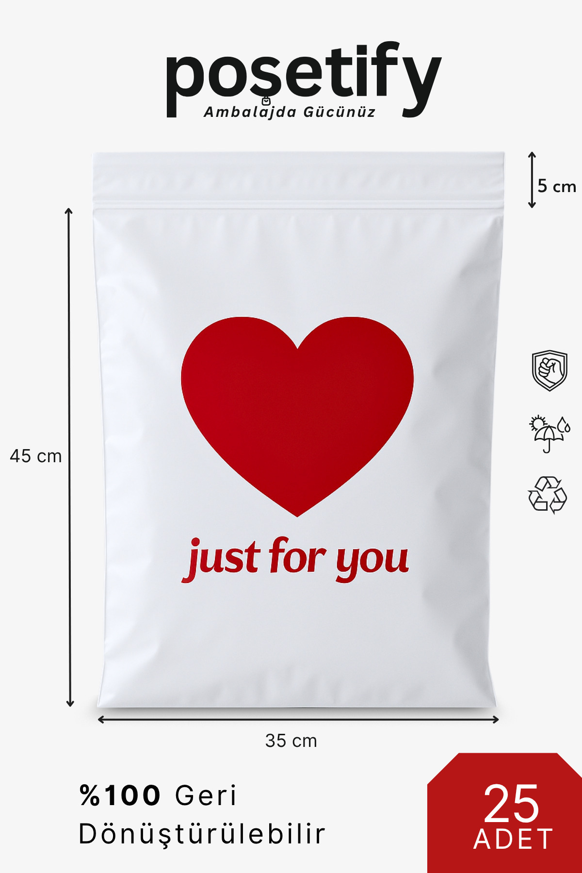 Just For You Shipping Bag 35X45 cm | 25 Pieces | White Pocketless | E-Commerce Bag with Adhesive Tape