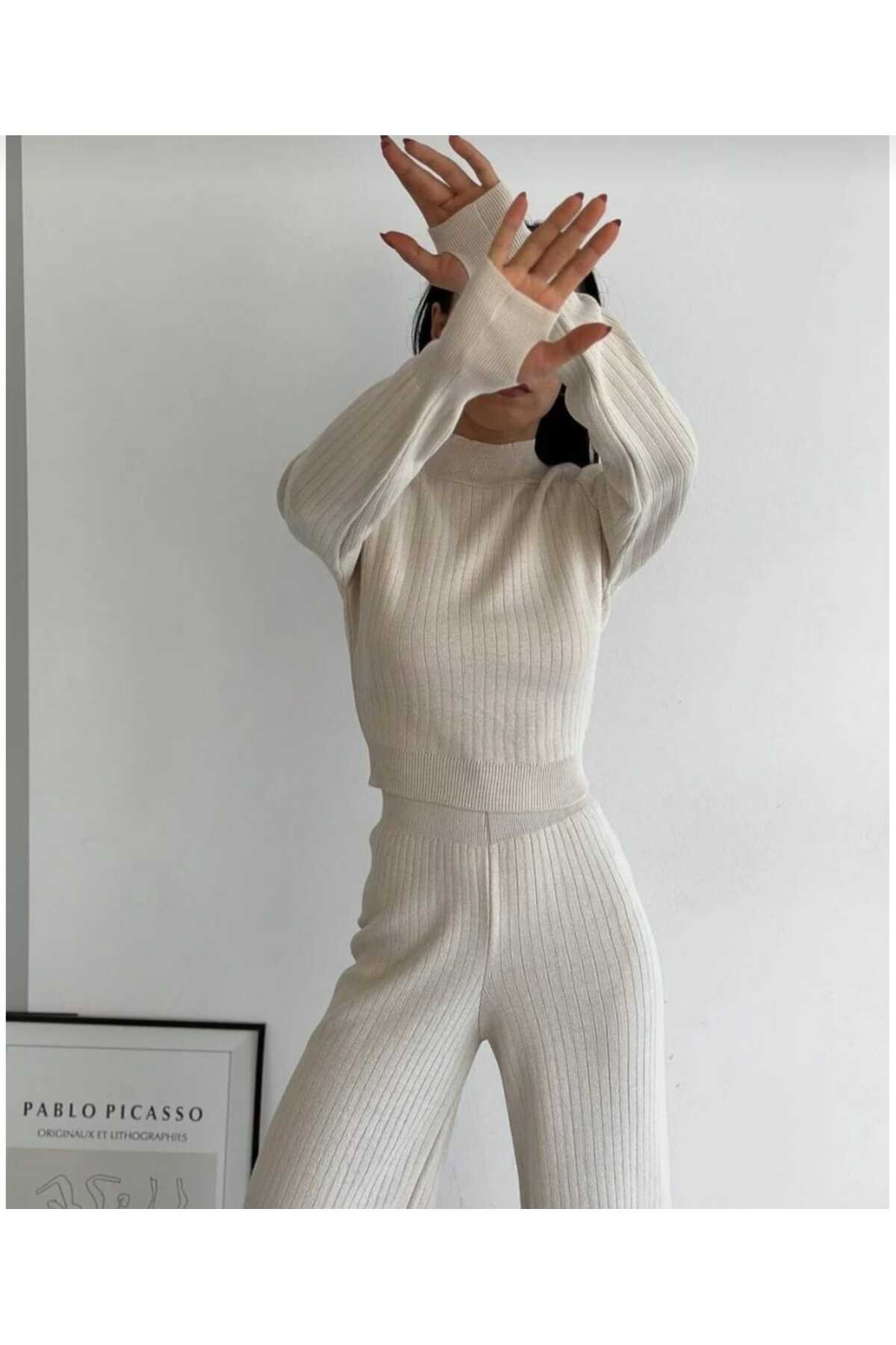 New Deux Damen Fingerloch Strick Set - Görsel 3