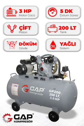 GAP KOMPRESÖR Hava Kompresörü Pistonlu 200 Lt 2 Kafa 8 Bar 3 Hp IGP200