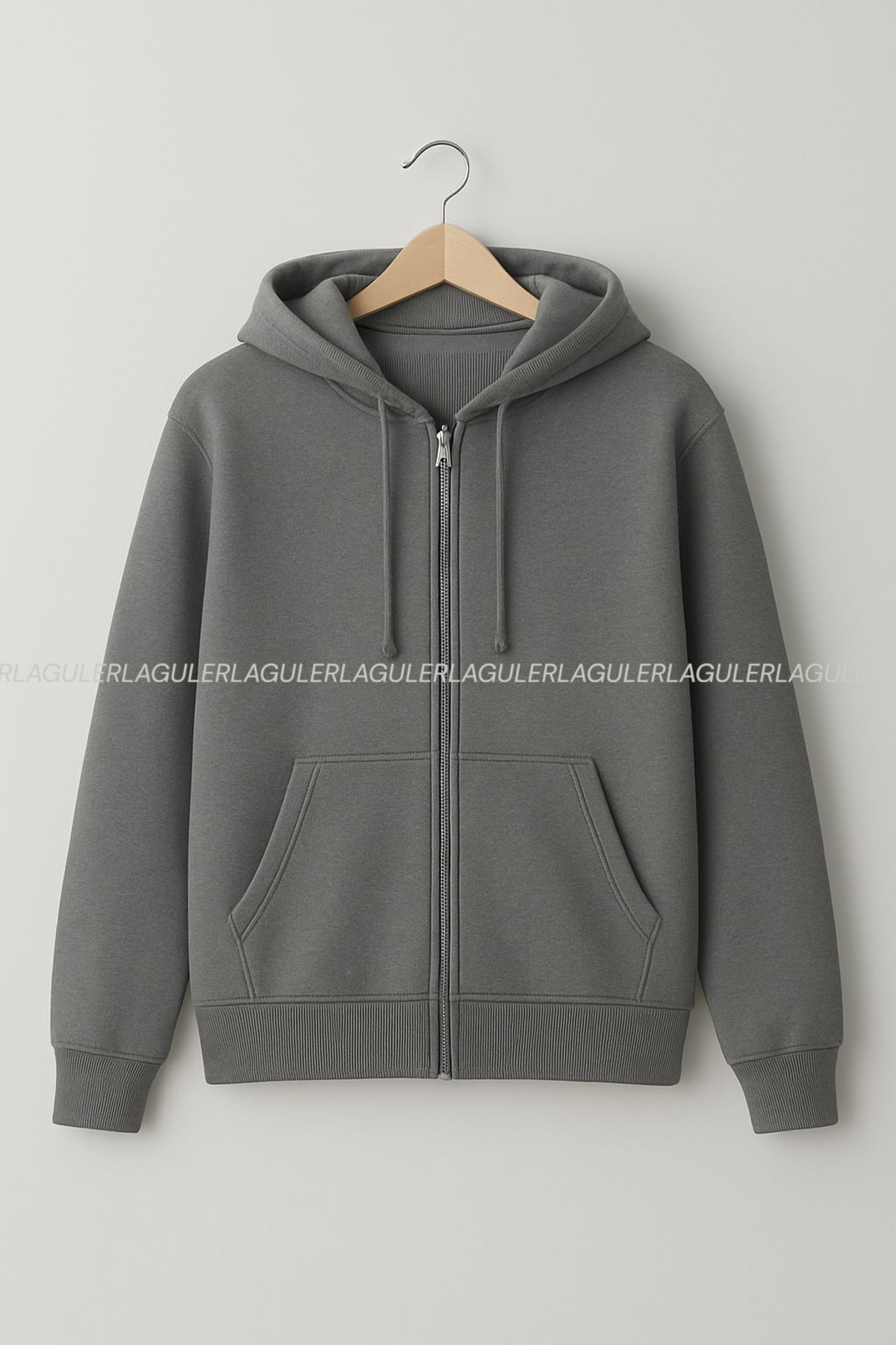 Unisex İçi Polarlı Kışlık Tüylenmeyen Fermuarlı Cepli Kapüşonlu Düz Hoodie Ceket — خاکستری uzunceketxx