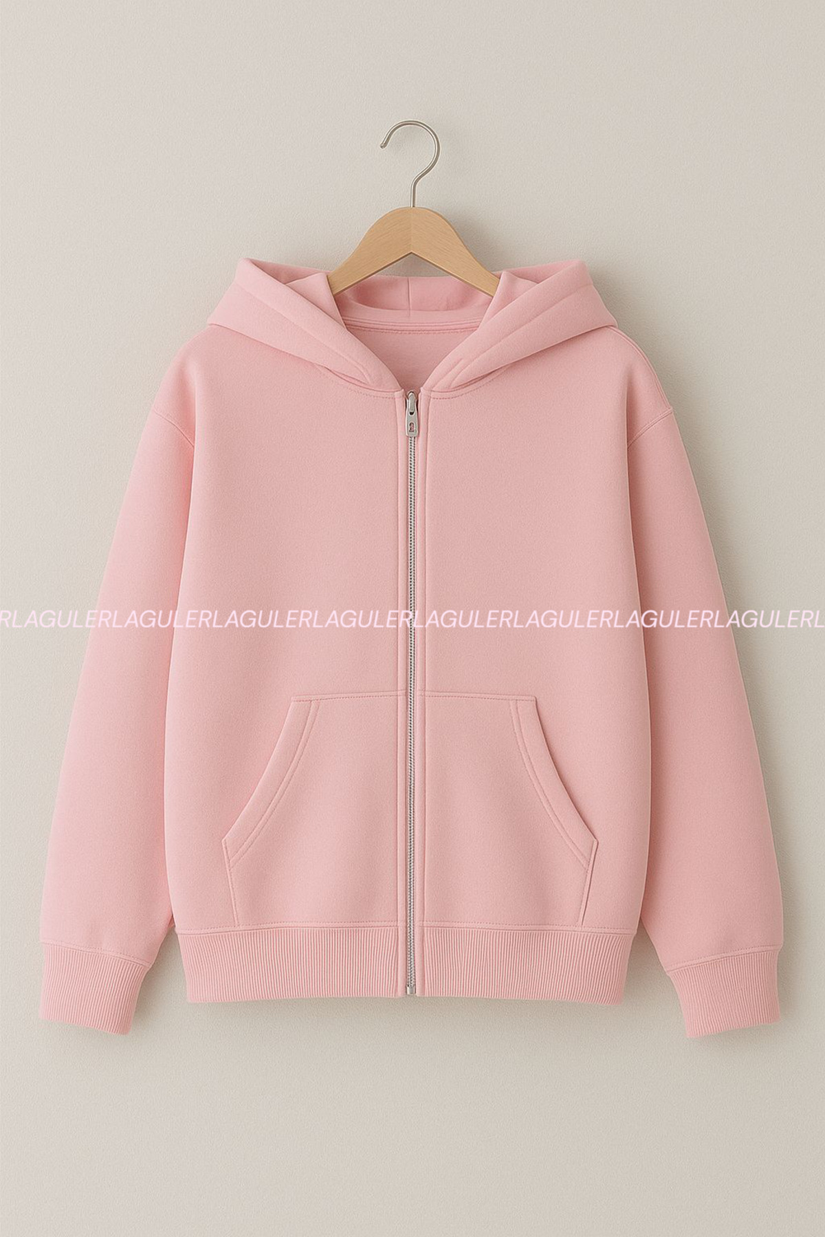 Unisex İçi Polarlı Kışlık Tüylenmeyen Fermuarlı Cepli Kapüşonlu Düz Hoodie Ceket — صورتی uzunceketxx