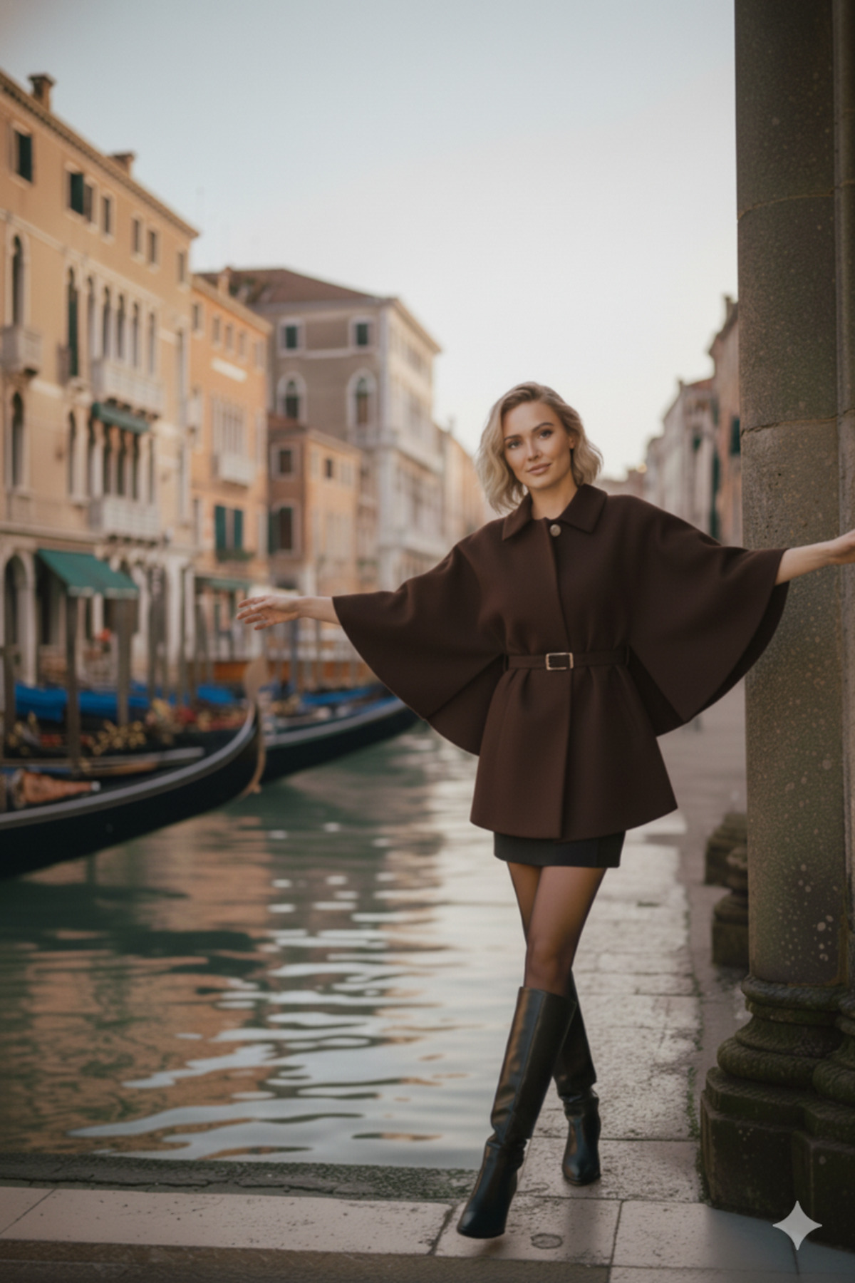 mooishan Foteini Kahverengi Kadın Kemer Detaylı Rahat Kalıp Kaşe Kışlık Panço DK*8