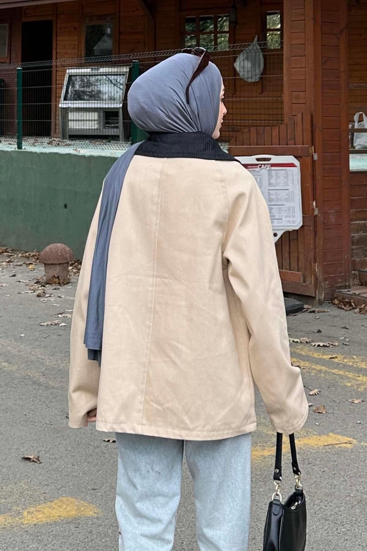 Lamelif  Yaka Detaylı Düğmeli Gabardin Ceket vizonrengi - Görsel 5