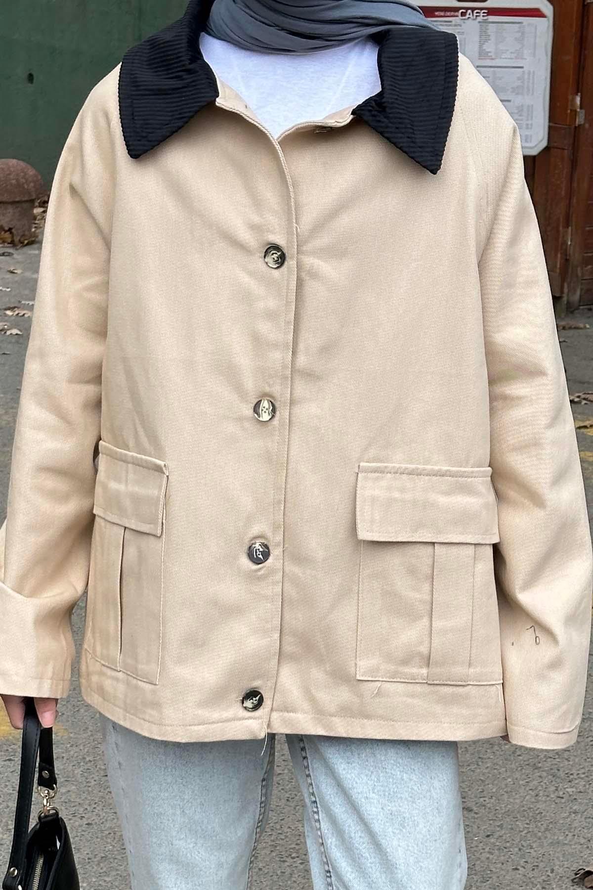 Lamelif  Yaka Detaylı Düğmeli Gabardin Ceket vizonrengi - Görsel 4