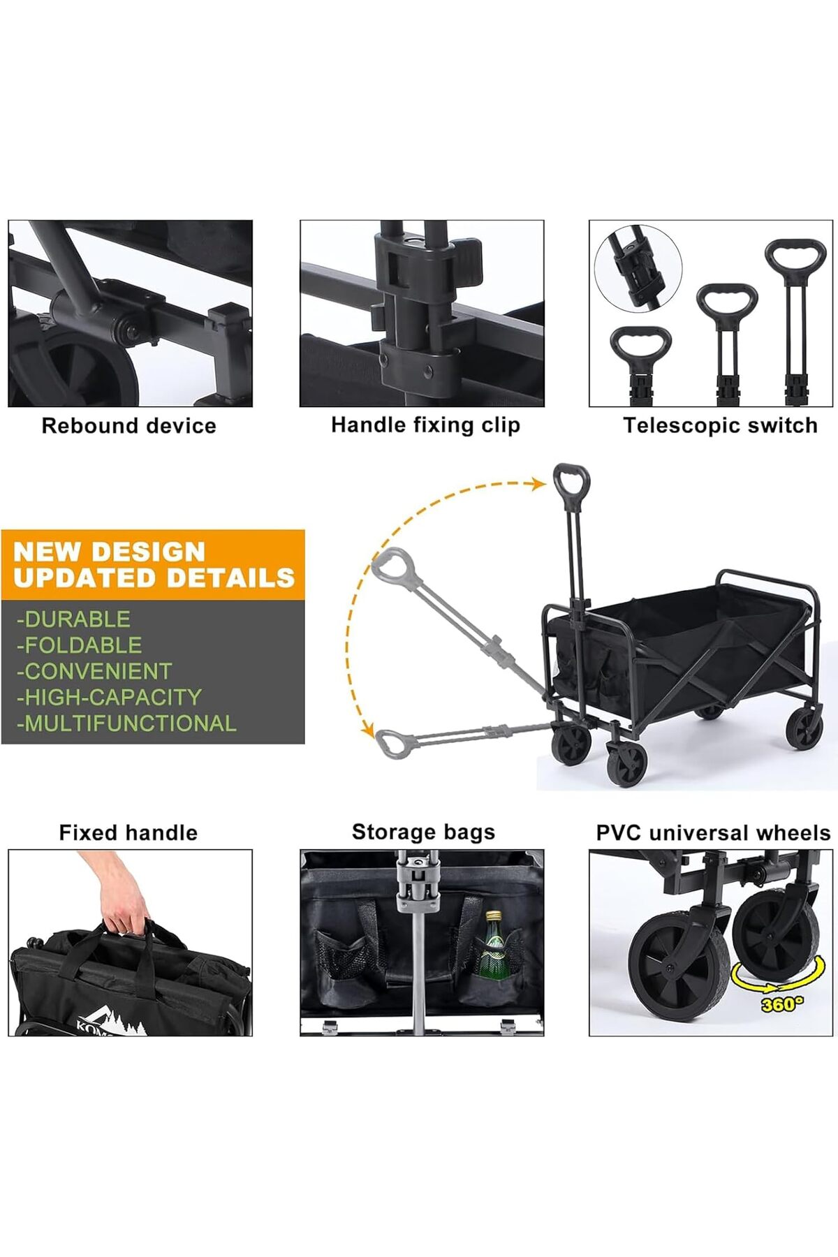 🛒 عربة تخييم قابلة للطي لجميع التضاريس بمقبض قابل للتعديل وفرامل – تصميم عملي للتنقل بكل راحة 200كج