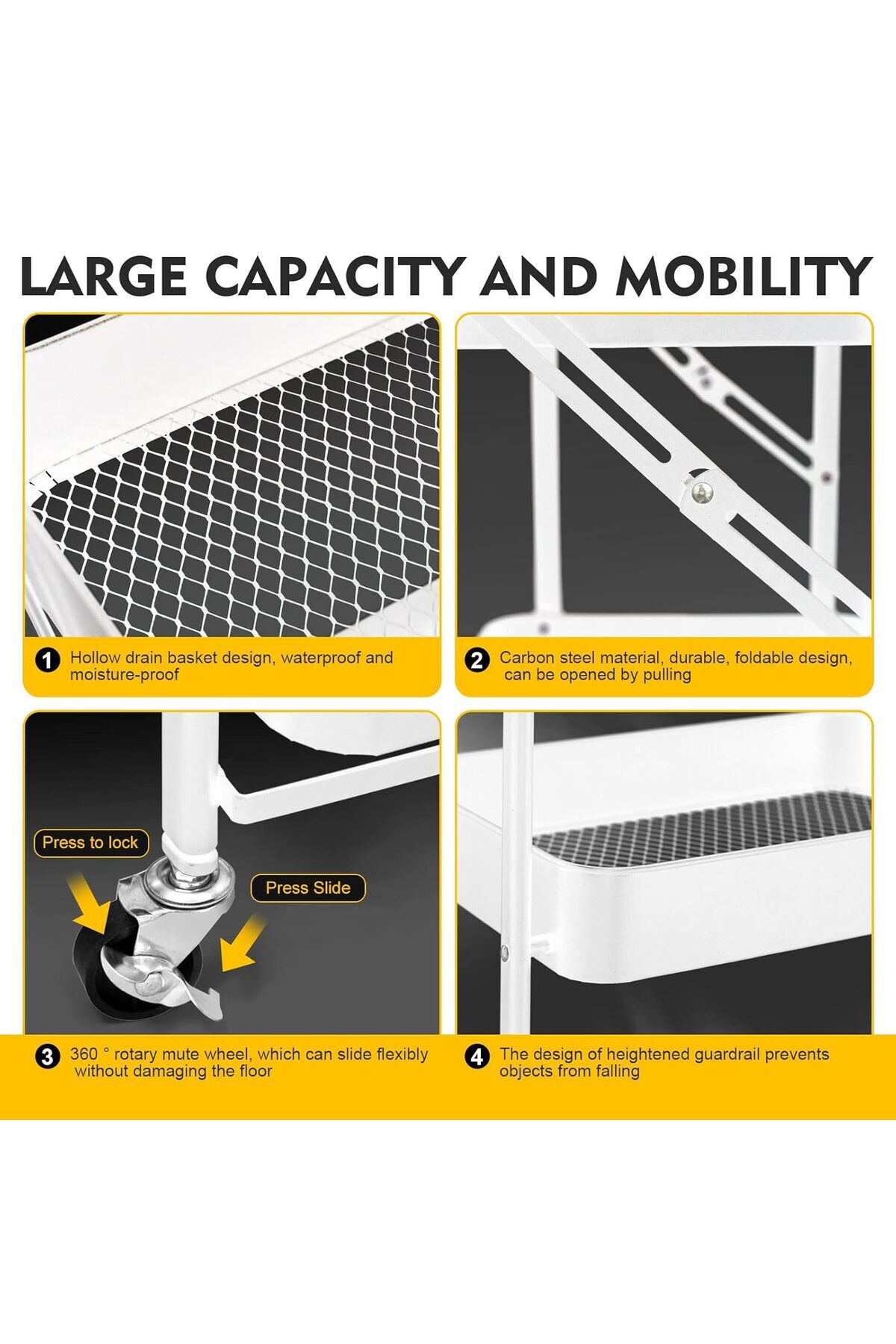 🧺 عربة تخزين ومنظم مطبخ معدنية قابلة للطي بـ3 طبقات,تصميم أنيق ومتعدد الاستخدامات للمطبخ وغرف البيت