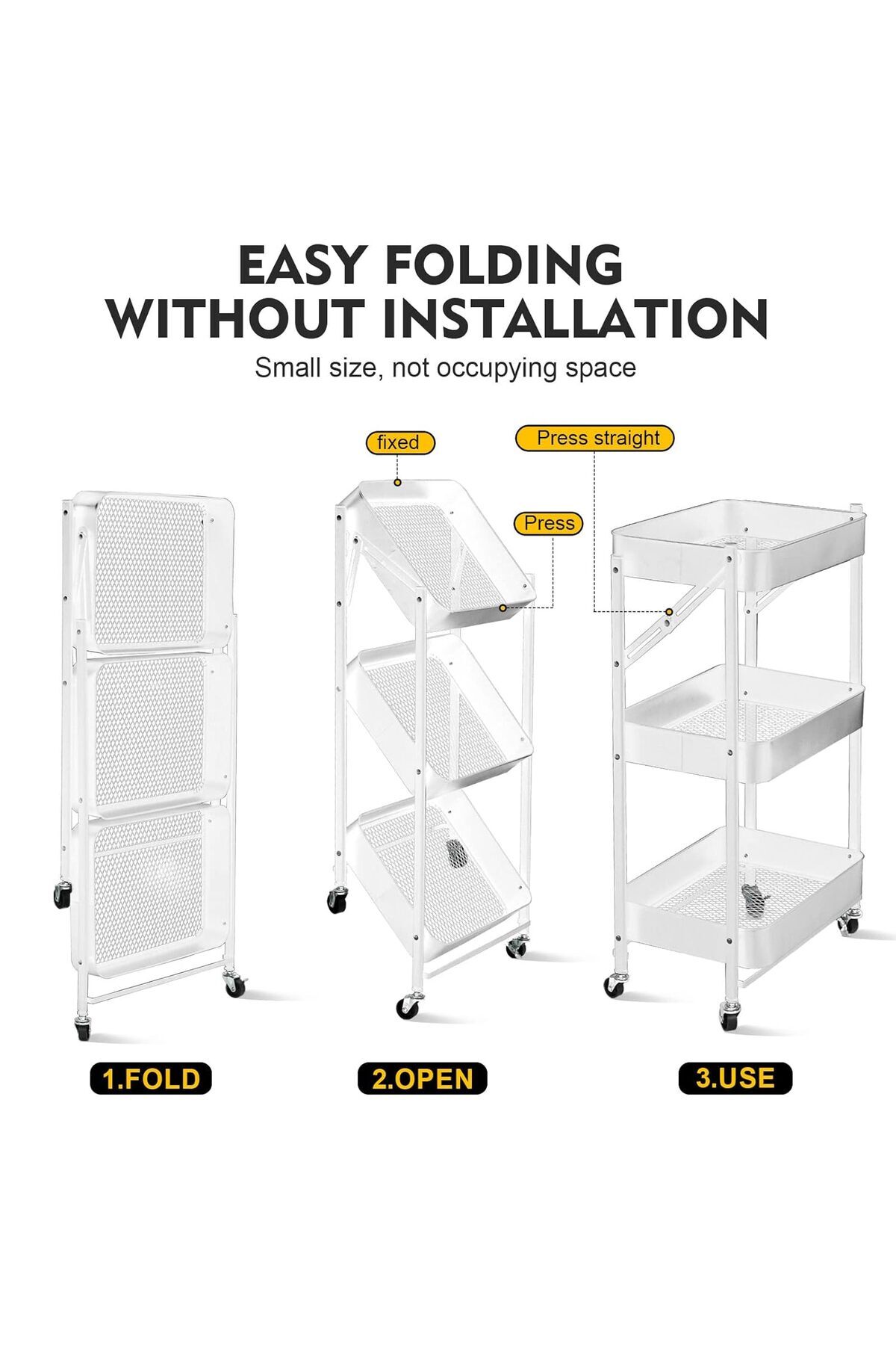 🧺 عربة تخزين ومنظم مطبخ معدنية قابلة للطي بـ3 طبقات,تصميم أنيق ومتعدد الاستخدامات للمطبخ وغرف البيت