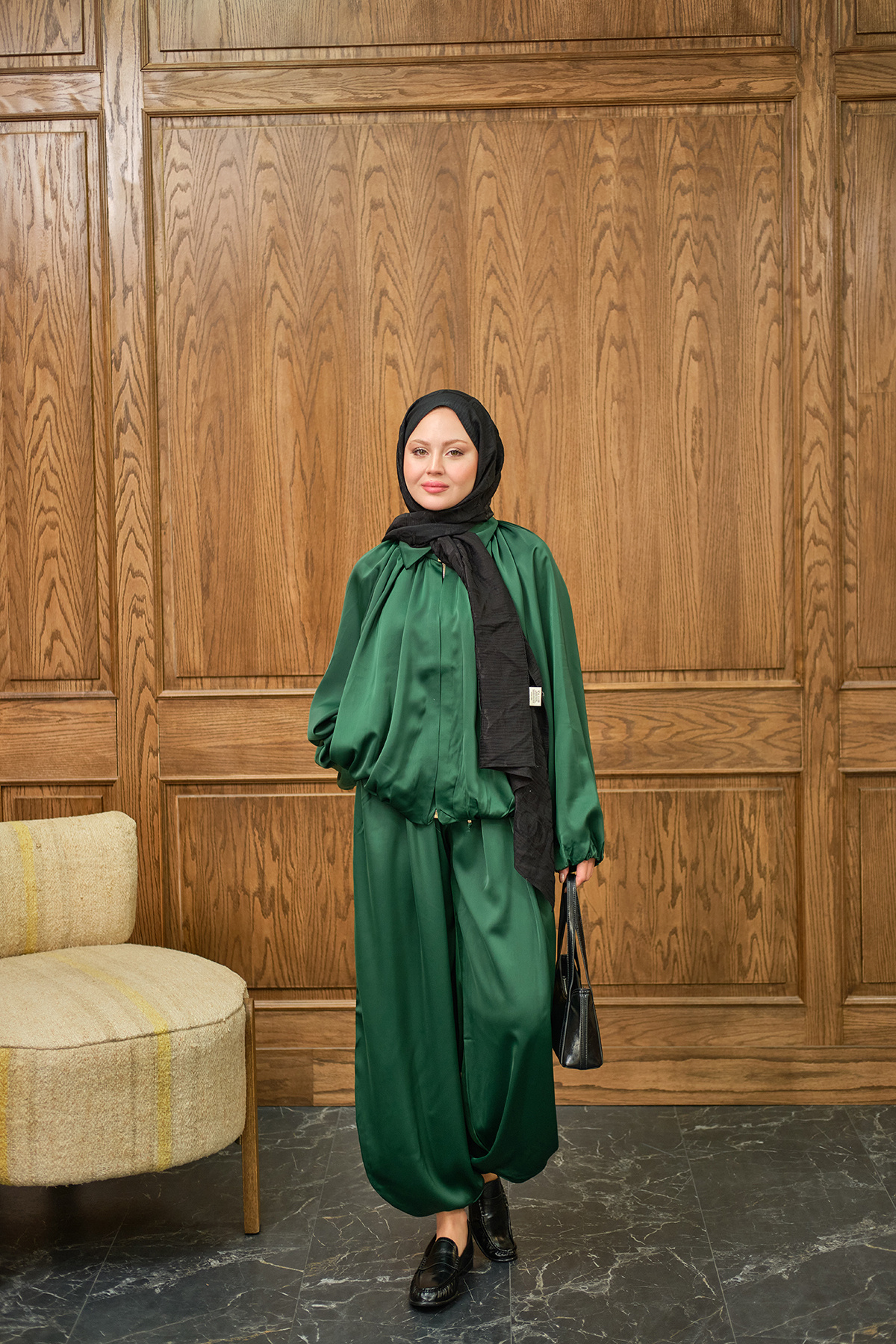 Kadın Gizli Fermuar Detay Takım Zümrüt Yeşil