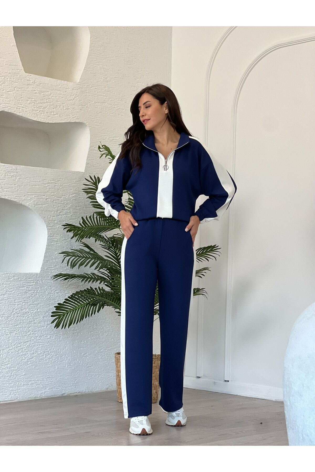 DE'VESTA FERMUARLI ŞERİTLİ İTHAL MODAL KUMAŞ PAMUKLU ,KADIN BOHEM RAHAT ALT-ÜST TAKIM EŞOFMAN TAKIMI